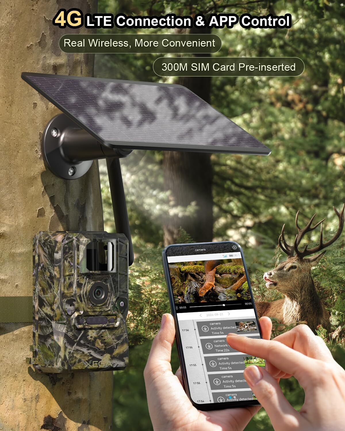 Xega 4G Caméra de Chasse Solaire HD 2K Surveillance Faune,Accès à Distance,Vision Nocturne Infrarouge,Batterie,Détection PIR,Alertes Instantanées - 2