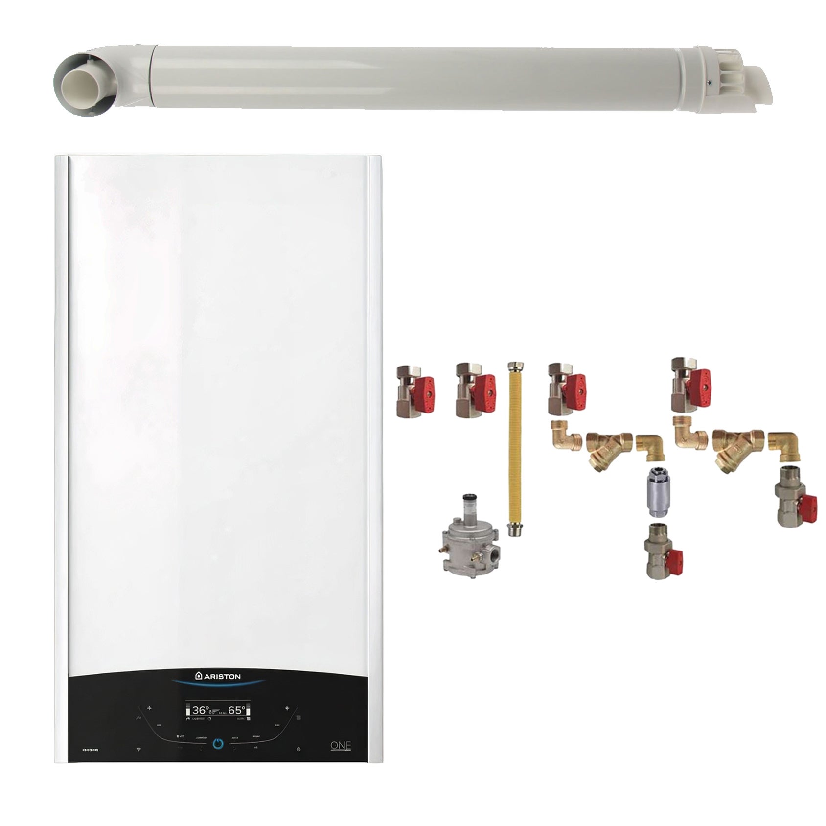 Pachet centrala termica in condensare Ariston GENUS ONE+ WI-FI 30, 30 kW, gaz natural + GPL, WI-FI, kit montaj complet RTM si kit evacuare RTM incluse