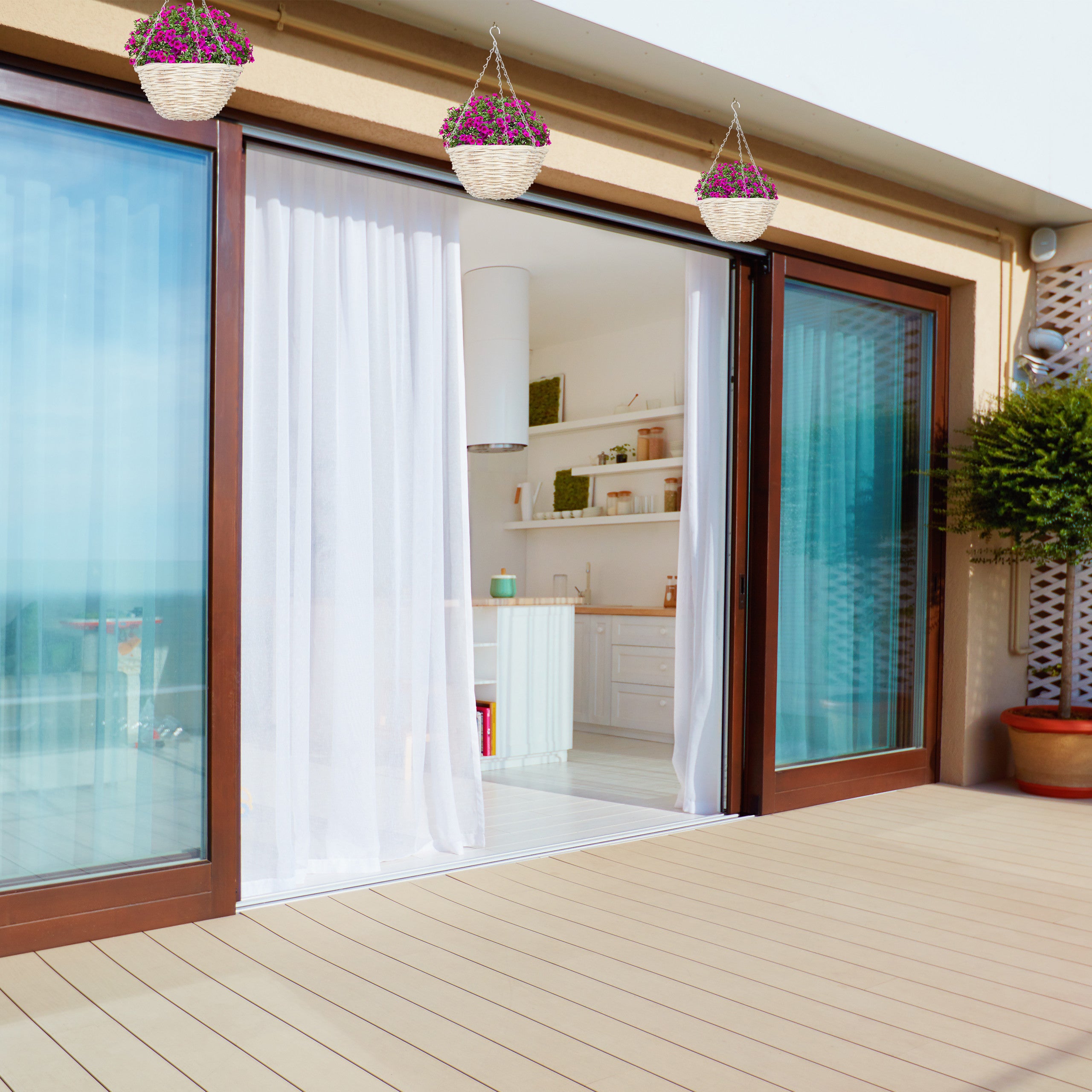 Vasi Sospesi per Piante, Set 3 Portavasi in Rattan con Rivestimento, Fatti a Mano, HxD: 12 x 25 cm, Naturale, Relaxdays - 2