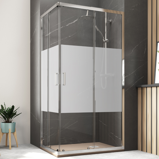 Mampara Ducha Rectangular Angular Corredera 2 Puertas 2 Fijos | Cristal 5mm Antical Serigrafía | Perfil Cromo 70cm (Adaptable 68-70cm) X 90cm