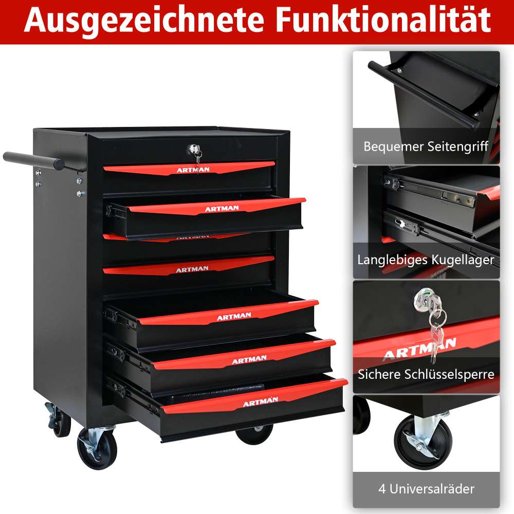 Caja de Herramientas Móvil de Metal 7 Cajones con Ruedas, Organizador de Acero Negro y Rojo con Cerradura y Guías de Bolas - 8
