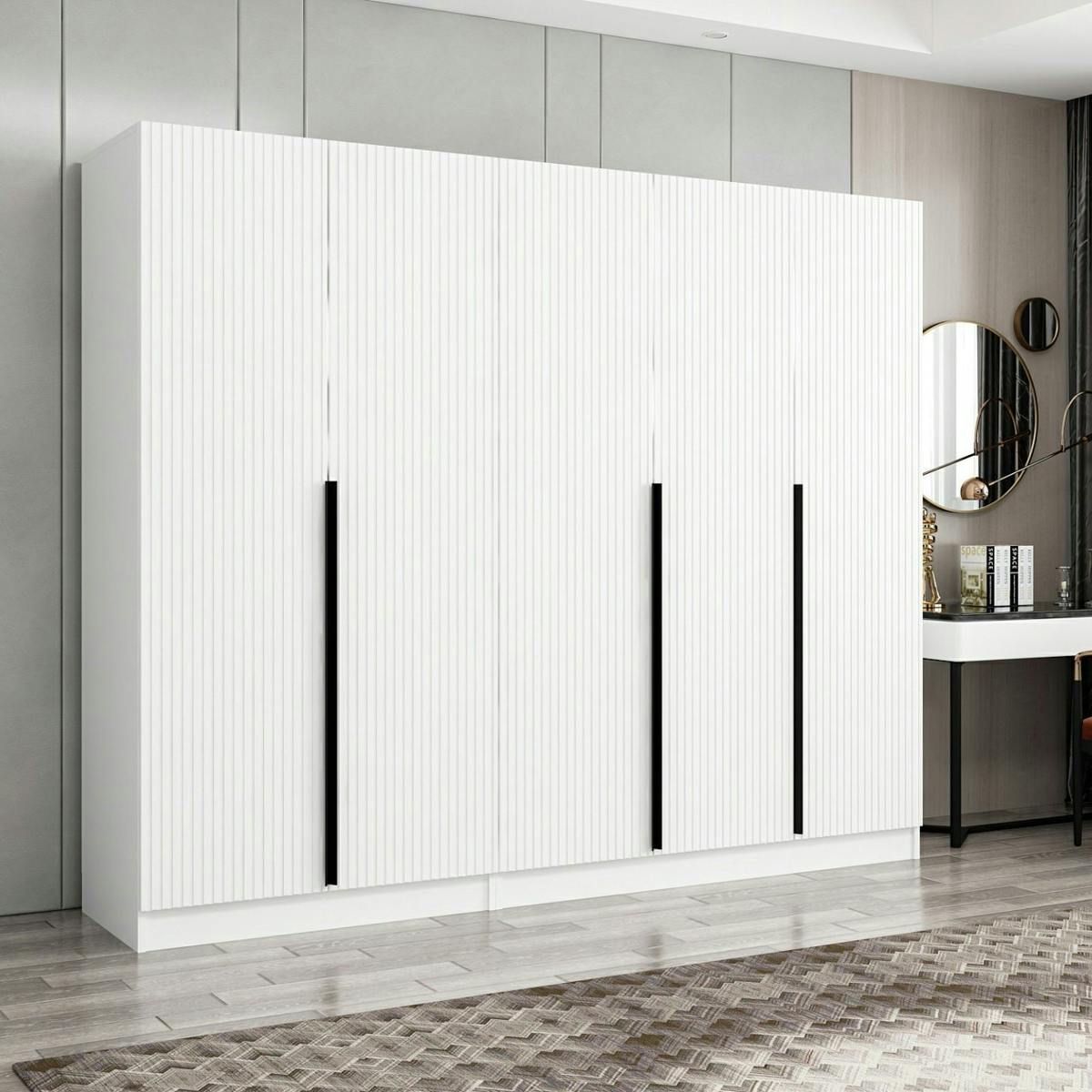 Armoire Penderie Blanche 4 Portes 4 Tiroirs 4 Etagères L 212 H 195 P 54 cm