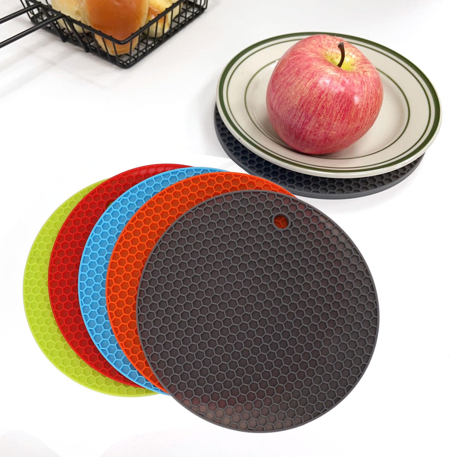 Giftorld - Sottopentola in silicone, 5 pezzi, tappetino per sottopentola, resistente al calore, tappetino isolante per tazze, tappetino antiscivolo, flessibile (5 pezzi – rotondo