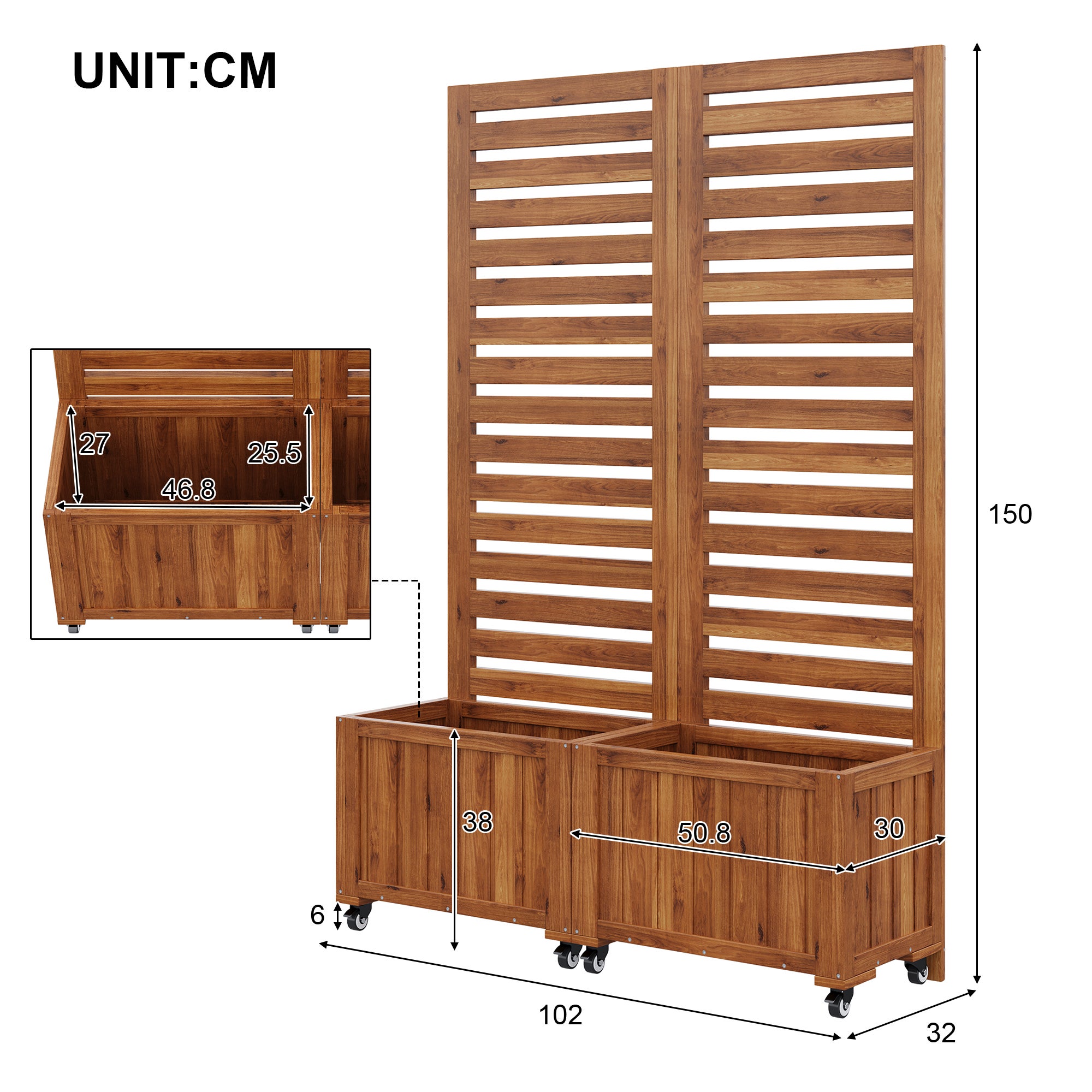 Lot de 2 Jardinière convertible avec Treillis et roulettes en bois massif - 102 x 32 x 150 cm - Marron - 6