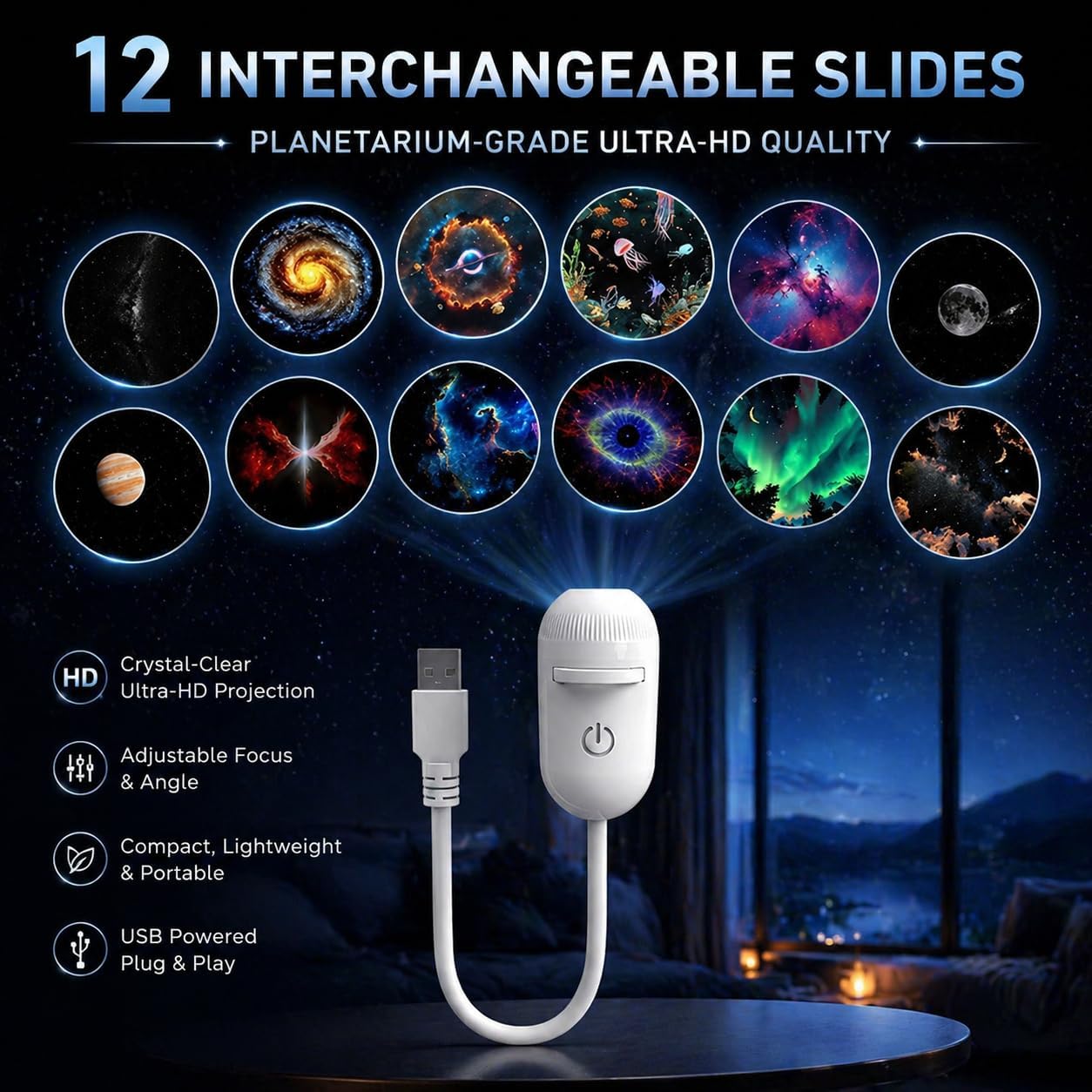 Luce notturna galattica 2 in 1, proiettore galattico USB con 12 pellicole di proiezione scorrevoli, luce notturna regolabile a 360° per camera da le - 3