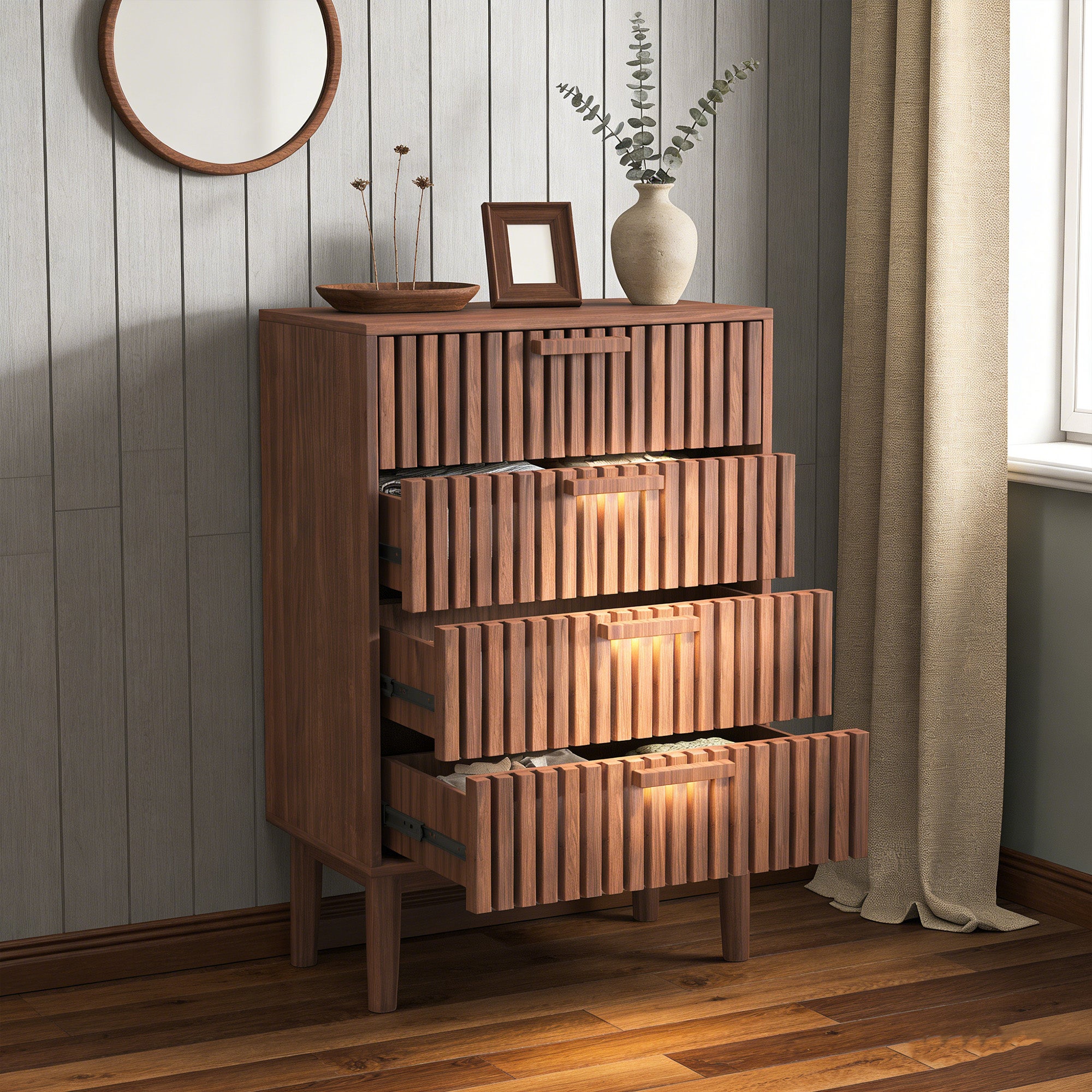 Commode avec 4 tiroirs, COZY, commode de chambre en bois, pieds en bois, 60x34x91 cm, Aspect bois, pour chambre salon, Bois noyer - 3