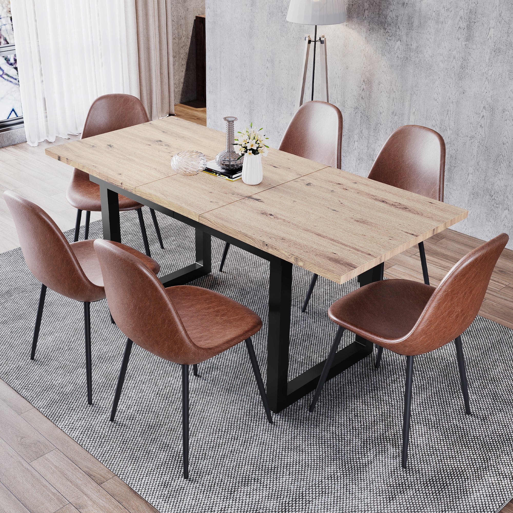 Table à manger extensible 2 à 6 couverts en Panneaux de particules et métal - 140/180 x 80 x 75 cm - Naturel et noir - 3