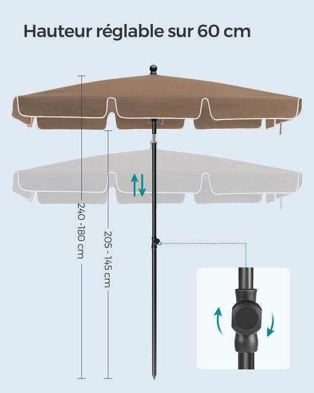 Parasol 200 x 125 cm, Protection Solaire UPF 50+, Inclinable sur 30° dans les 2 sens, Hauteur Réglable, avec Sac de Transport, Marron Noisette - 4