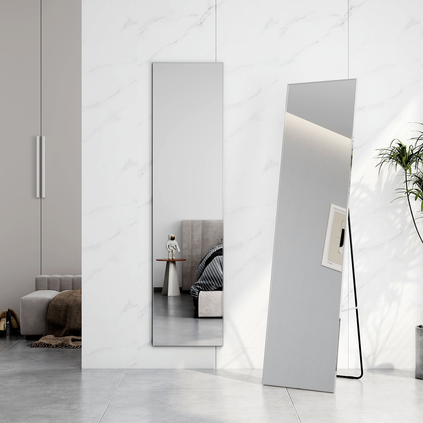 Emkeespejo de pedestal, 160x40cm, espejo rectangular, espejo de pared con soporte extraíble, marco de aluminio cromado
