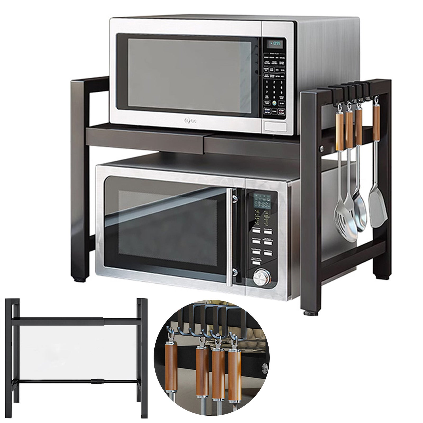 Étagère de Cuisine 2 Niveaux Structure Noireavec 6 crochets – Rangement Micro-ondes et Appareils Multifonction Renforcé - 40-64 cm - 7