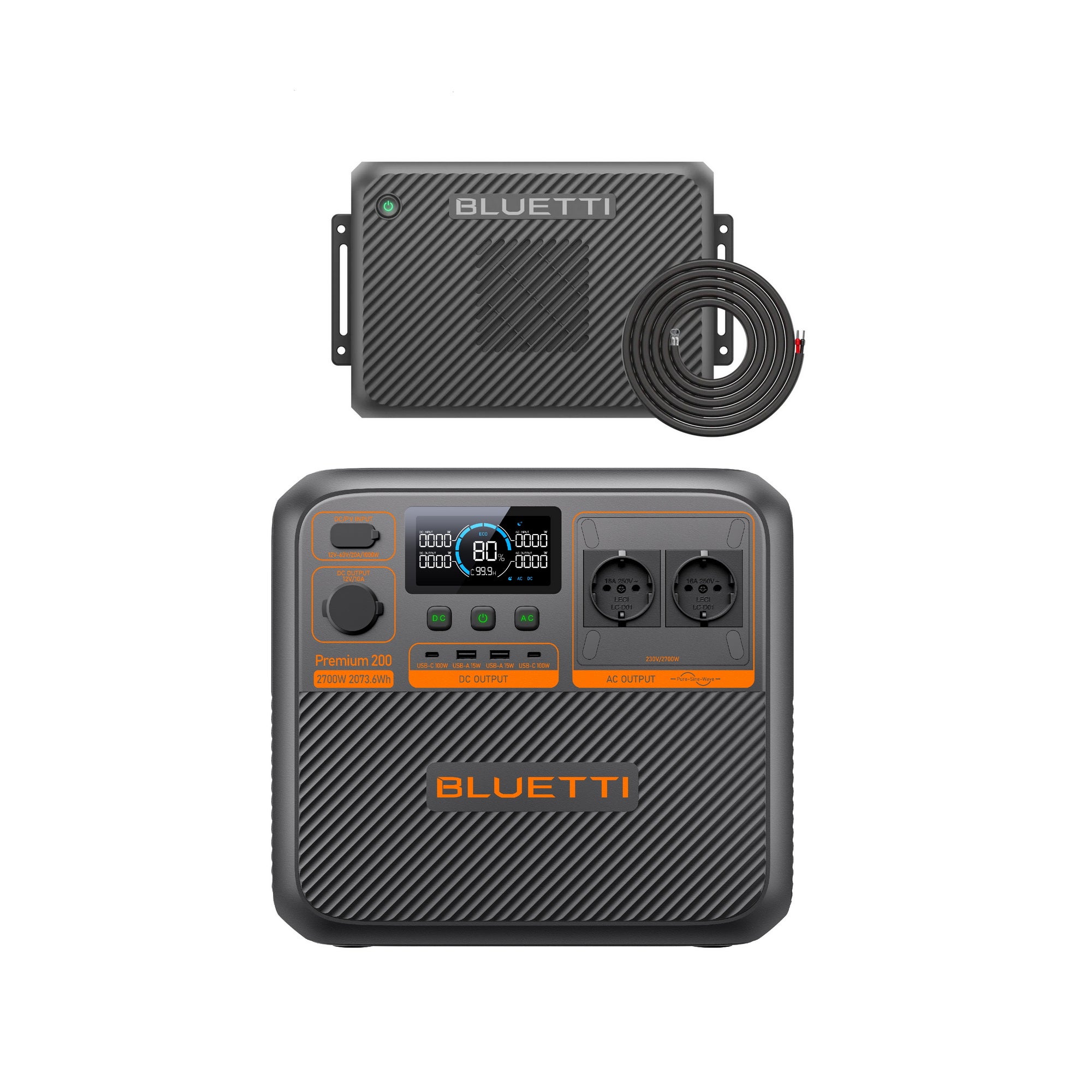 Zestaw BLUETTI Premium 200 V2(AC270P) z Charger 2 , Podwójna ładowarka DC 1200W – Akumulator 2304Wh, generator solarny 4x2400W