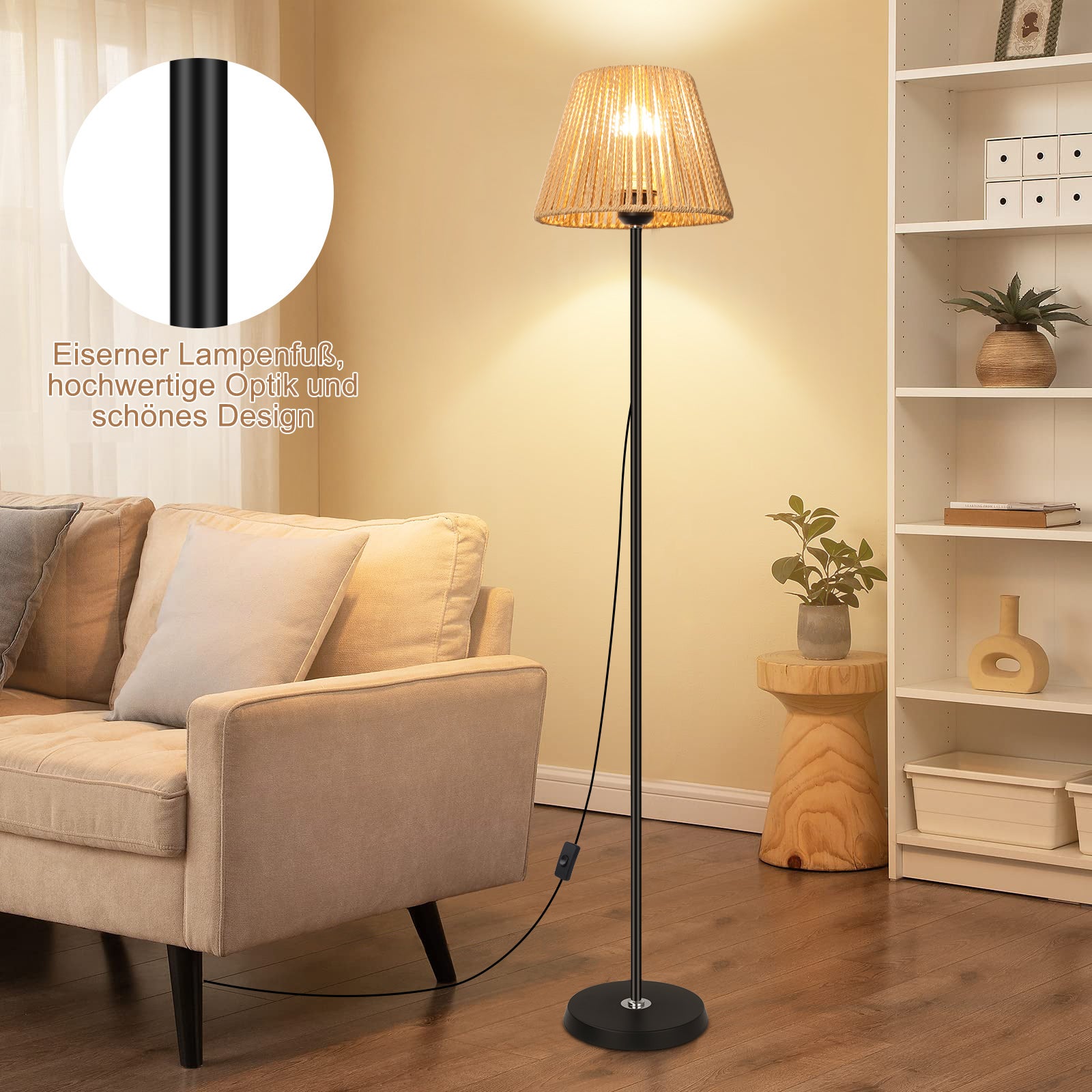 LOVHAUS Lampa Podłogowa Z Abażurem Z Plecionego Rotangu Z Włącznikiem/ Wyłącznikiem - 22 x 140CM - 9