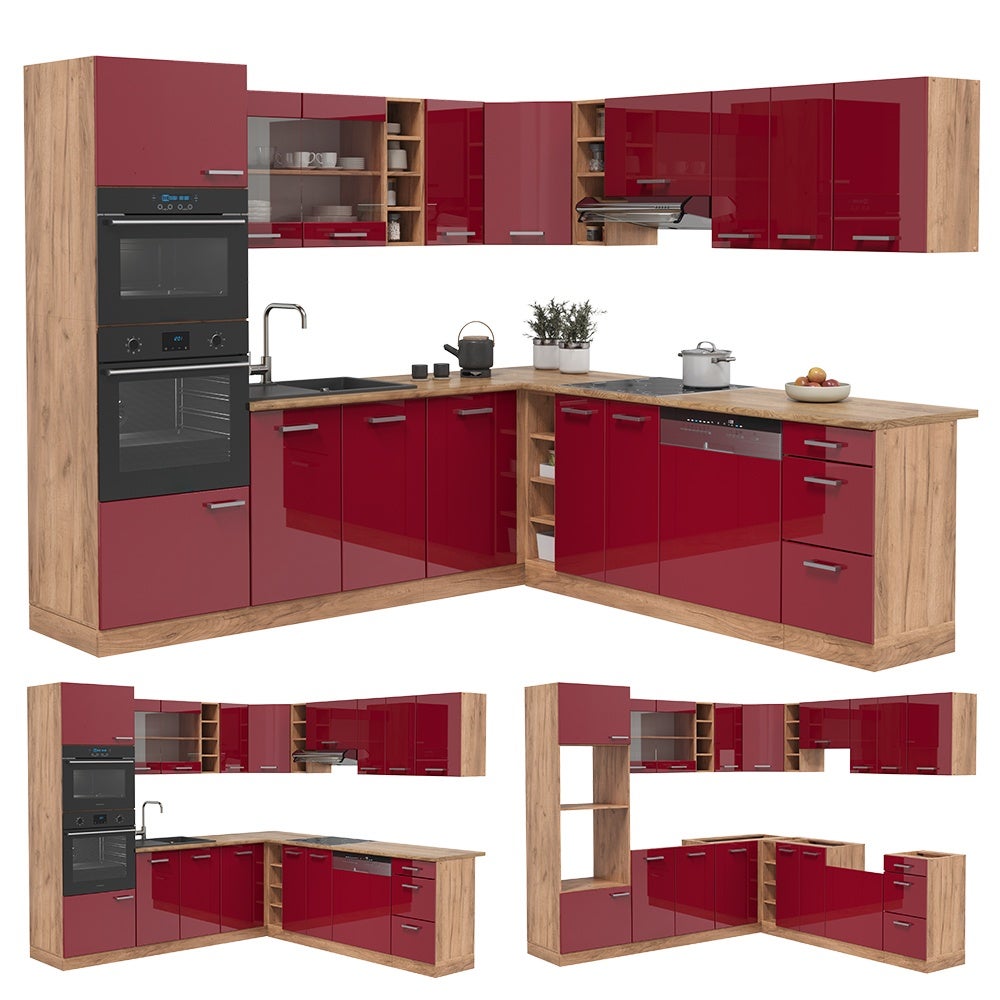Vicco Cuisine en angle R-Line, Rouge brillant/Chêne de force doré, 247 x 237 cm sans PT - 8