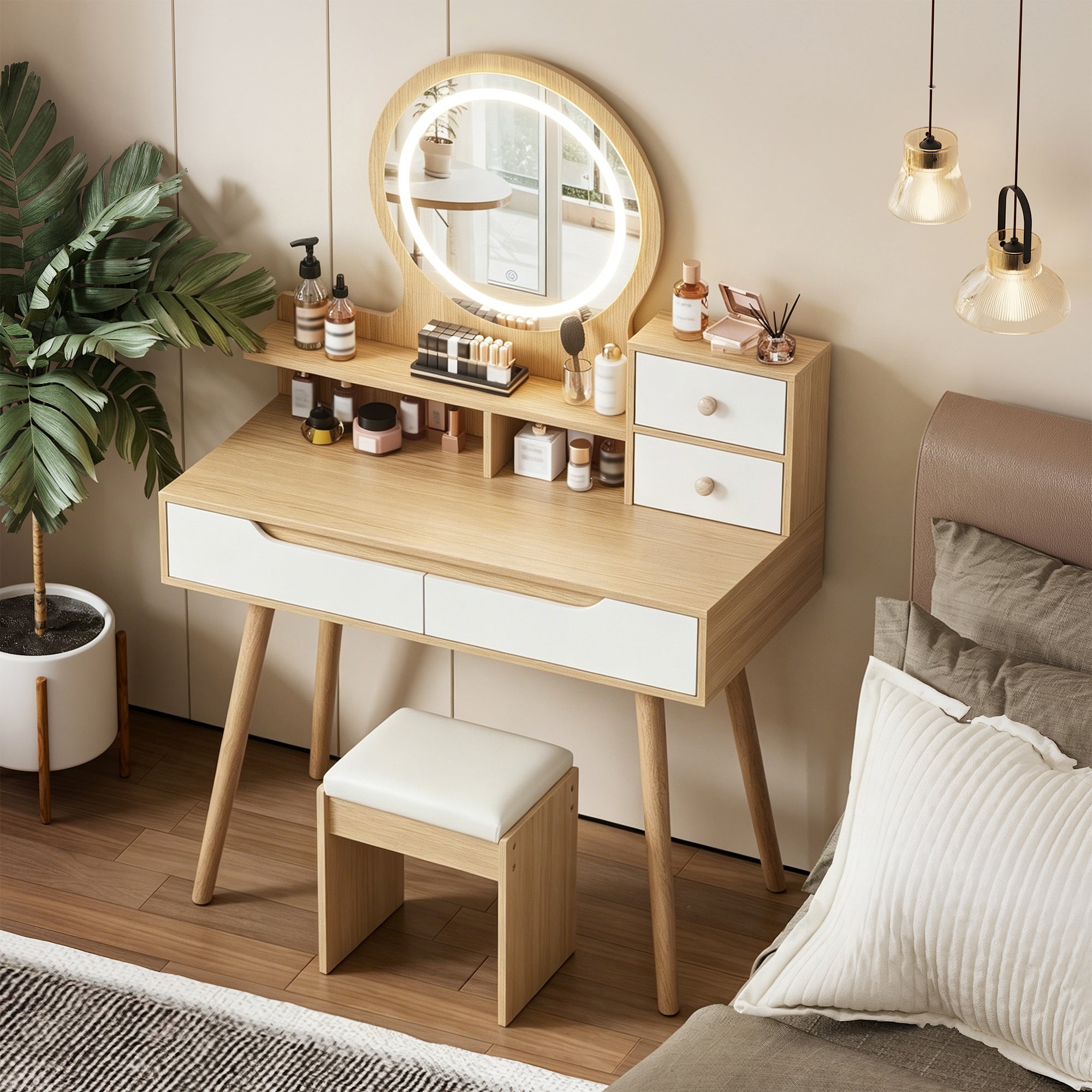Coiffeuse avec miroir, LED réglable, tabouret rembourré, rangement, MDF naturel - 8