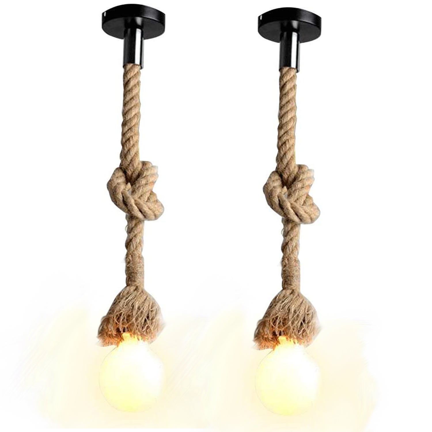 Kit Suspension Luminaire En Corde De Chanvre Vintage - 3 Ampoules E27 Incluses, Interrupteur, Câble 6,8 M, Style Rétro DIY - 3