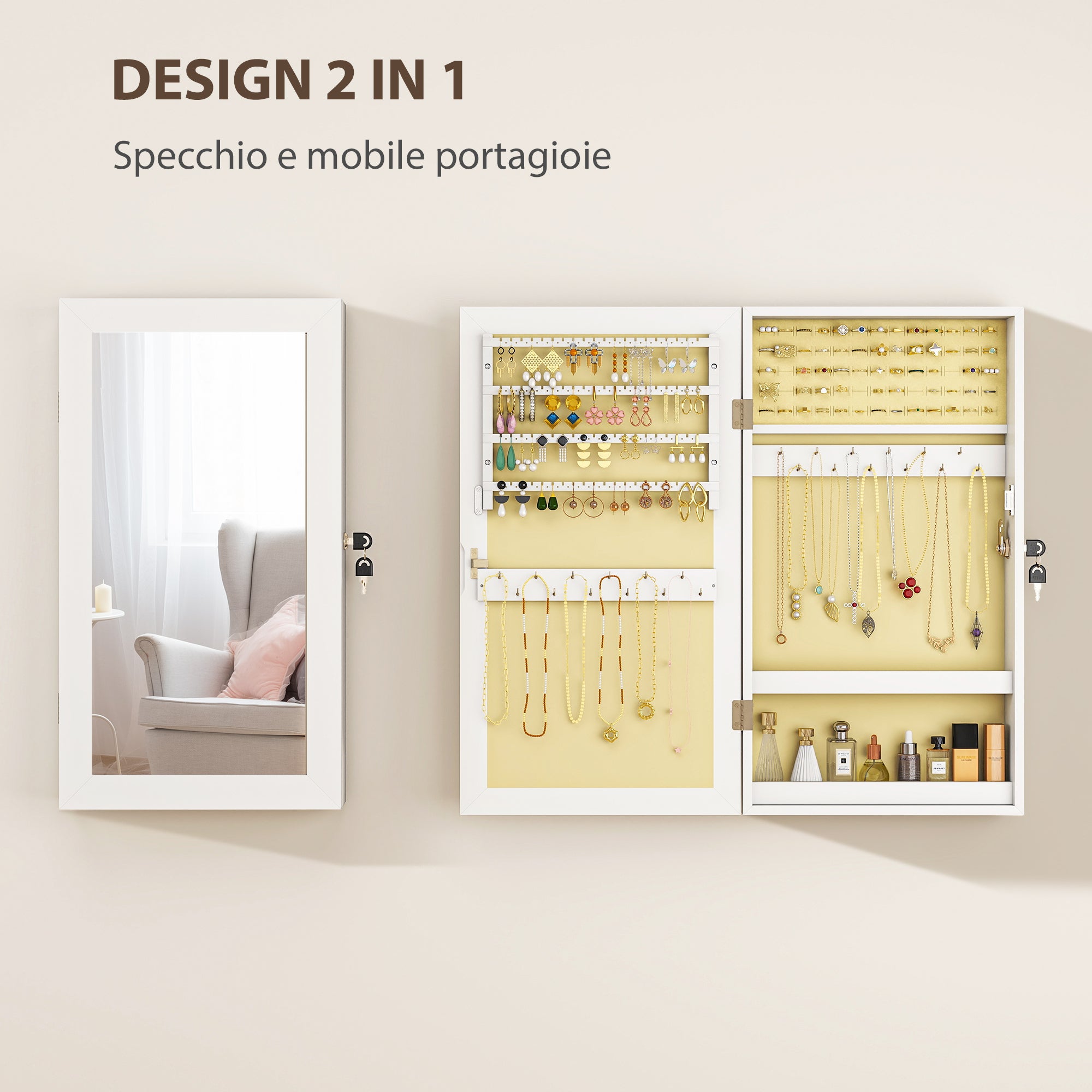 Miroir à bijoux mural , armoire à bijoux verrouillable, miroir pleine longueur en MDF pour chambre et salon, 36,5 x 9,5 x 67 cm, blanc - 5