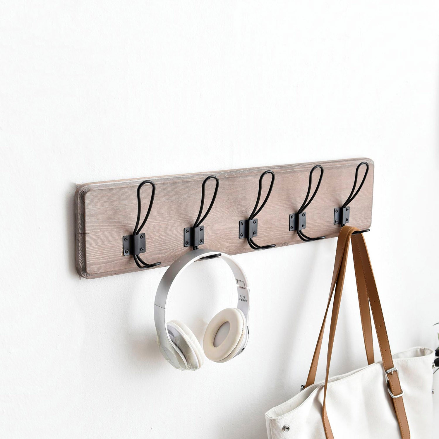 6 Ganci Appendiabiti In Legno Di Faggio Naturale, Colore Bianco - Set Con Viti, Per Cappotti, Asciugamani E Accessori