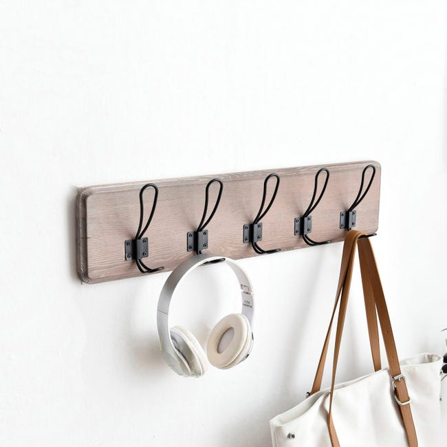 6 Ganci Appendiabiti In Legno Di Faggio Naturale, Colore Bianco - Set Con Viti, Per Cappotti, Asciugamani E Accessori