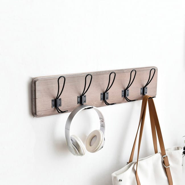 6 Ganci Appendiabiti In Legno Di Faggio Naturale, Colore Bianco - Set Con Viti, Per Cappotti, Asciugamani E Accessori