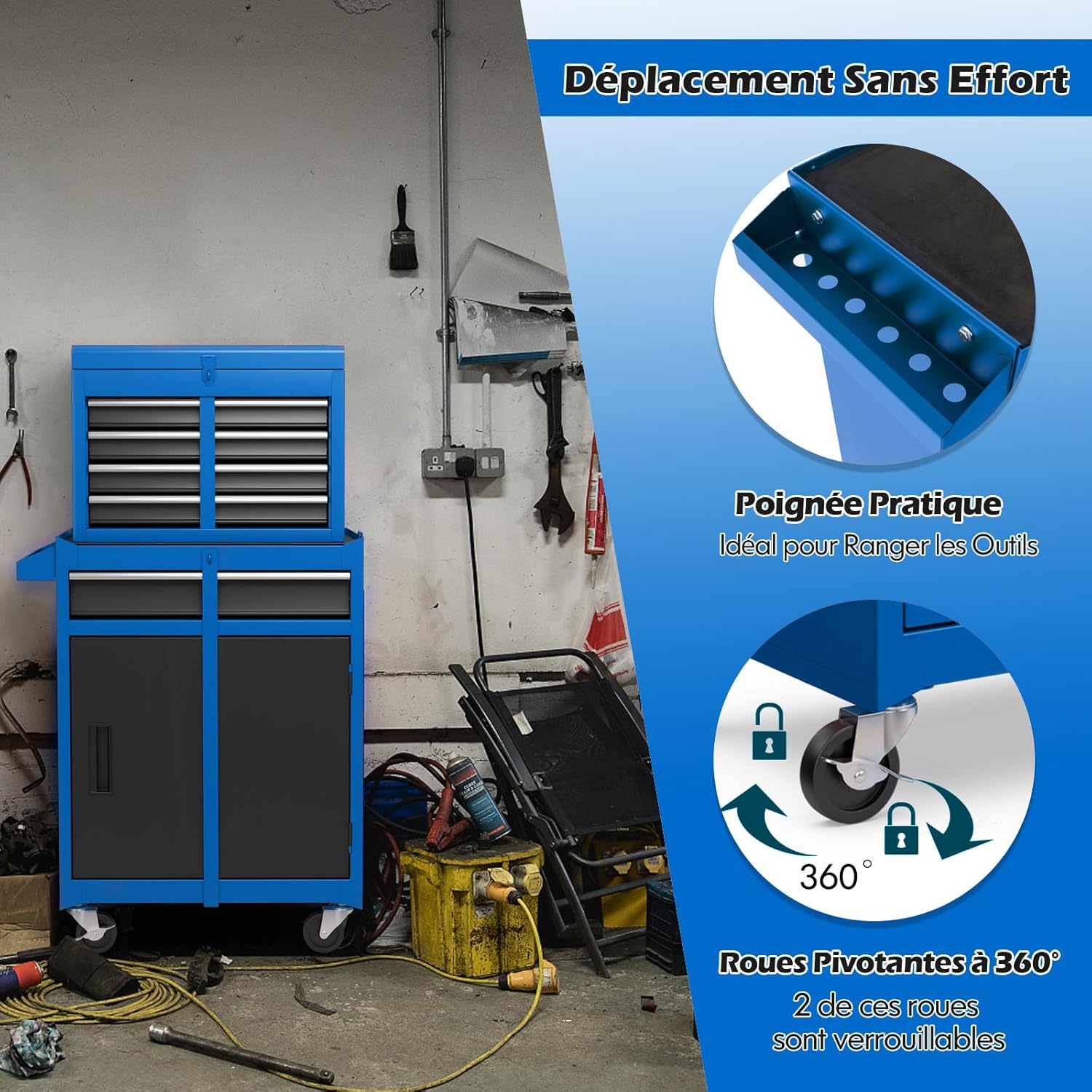 Servante Porte Outils à Tiroirs et Armoire de Rangement, Caisse à Outils Verrouillables Étagère Réglable Doublure, pour Garage Atelier (Bleu) - 7