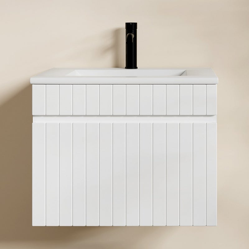 Szafka pod umywalkę wisząca ryflowana biała z umywalką wpuszczaną w blat - 60 cm - SATARA