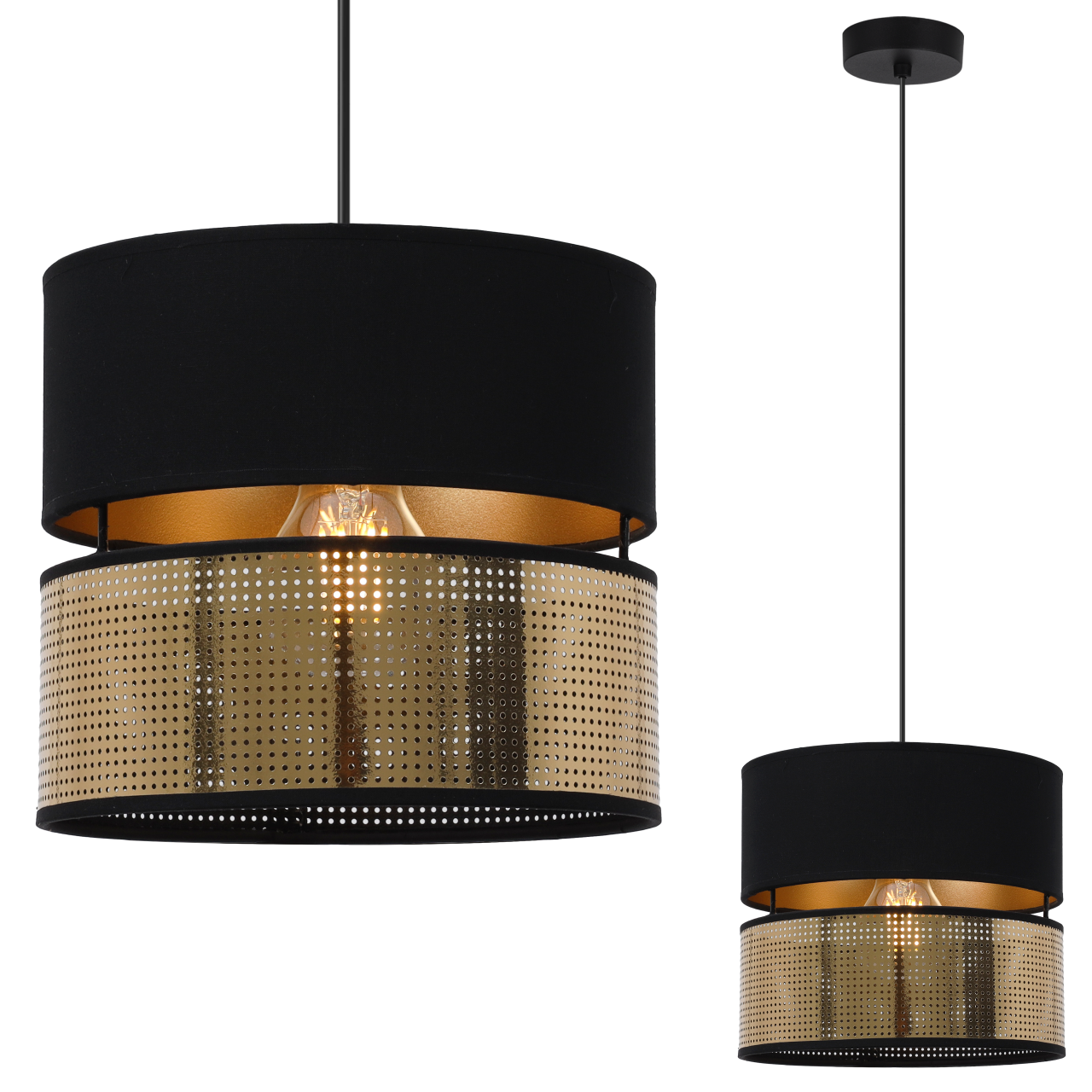 Lampa sufitowa wisząca Asti Duo czarna glamour 1xE27 abażur okrągły tuba 20cm czarny/złoty Light Home LH - 2