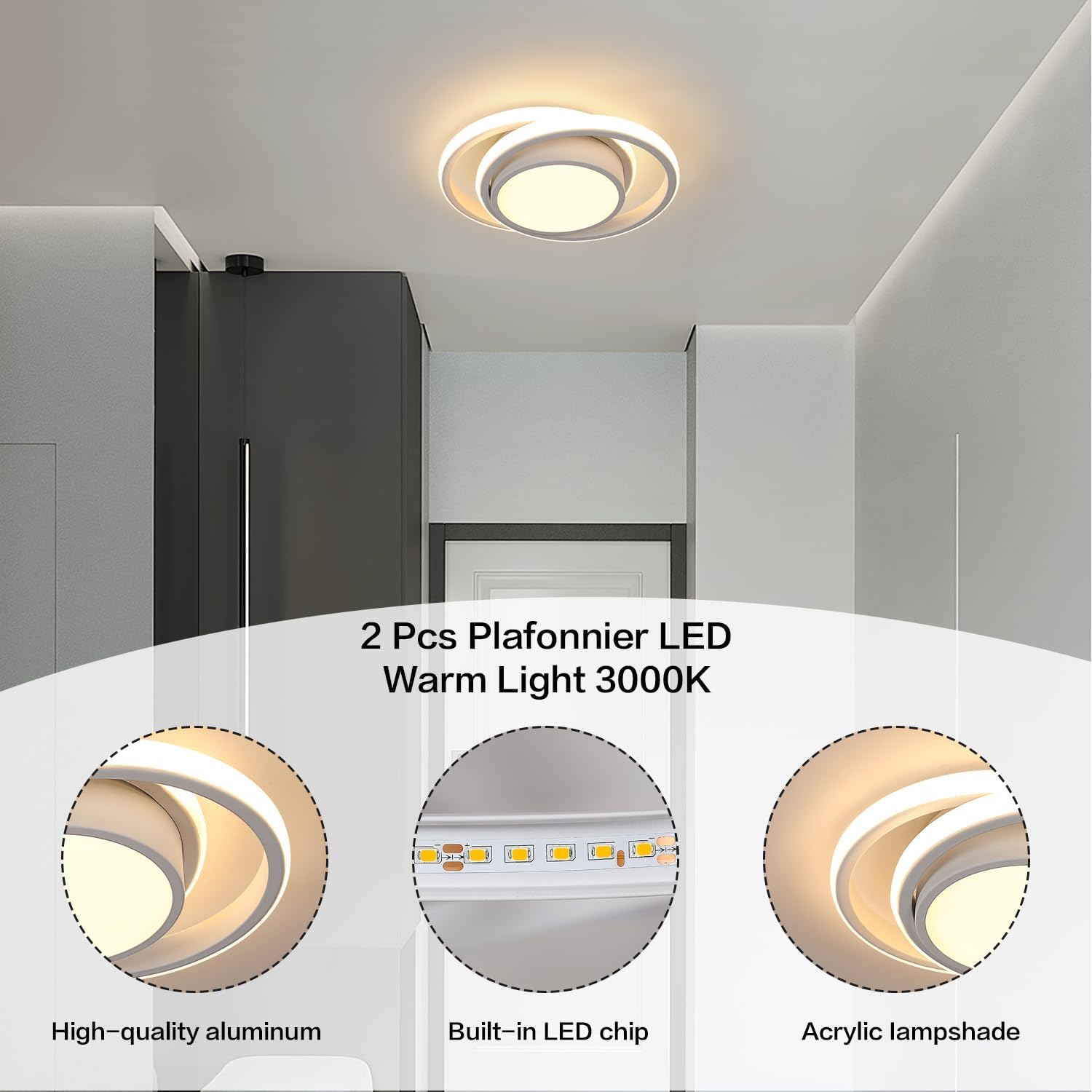 GOECO 2 pcs Plafonniers LED 32W au Design Moderne, Blanc Chaud 3000K, Idéal pour Salon, Chambre - Diamètre 28cm, Blanc - 7