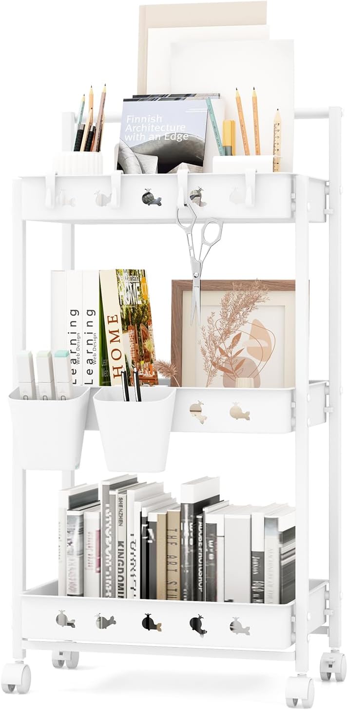 3-poziomowy wózek do serwowania na kółkach, wózek kuchenny z 2 kubkami wiszącymi i 4 haczykami i uchwytem, wózek uniwersalny do kuchni, salonu