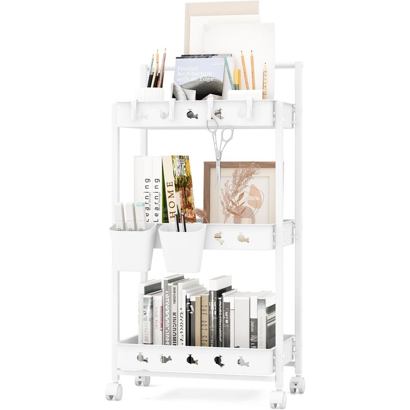 3-poziomowy wózek do serwowania na kółkach, wózek kuchenny z 2 kubkami wiszącymi i 4 haczykami i uchwytem, wózek uniwersalny do kuchni, salonu