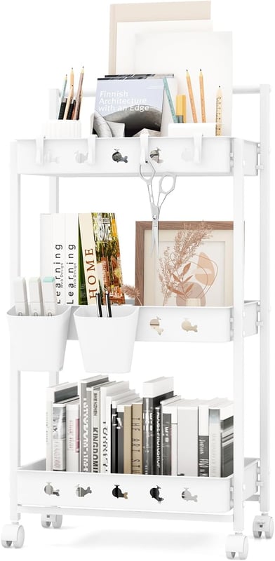 Wózek na Kółkach z 3 Poziomami, 4 Uniwersalnymi Kółkami z Blokadą, Uchwytem, 4 Haczykami, Mobilny Wózek do Przechowywania, 42 x 29 x 83 cm