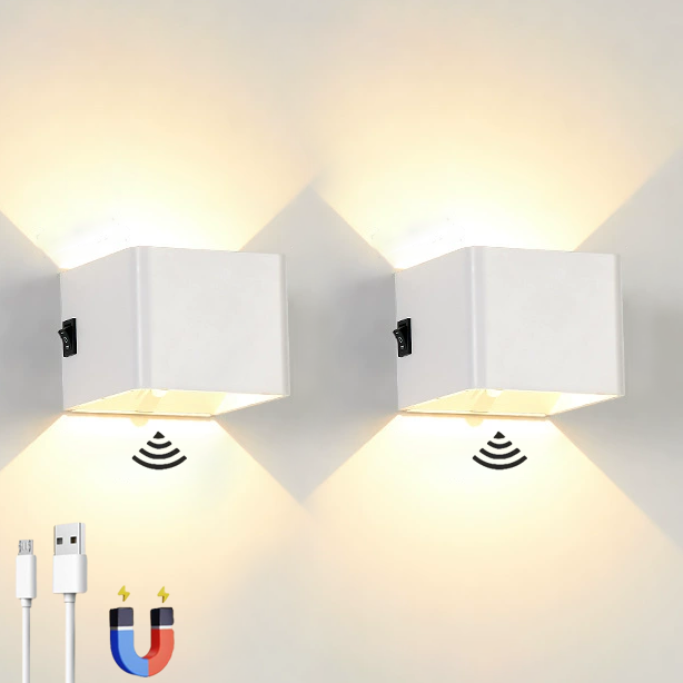 Zestaw 2 ładowalnych kinkietów LED z czujnikiem ruchu, bezprzewodowa magnetyczna lampa ścienna, 2 tryby oświetlenia, biała