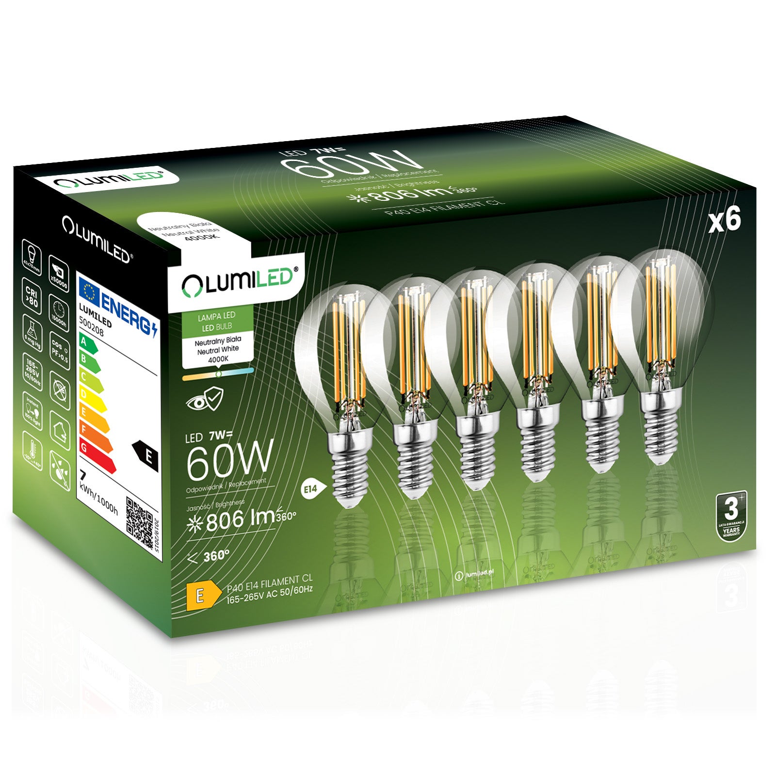 6x Żarówka LED E14 Kulka P45 7W = 60W 806lm 4000K Neutralna 360° FILAMENT LUMILED
