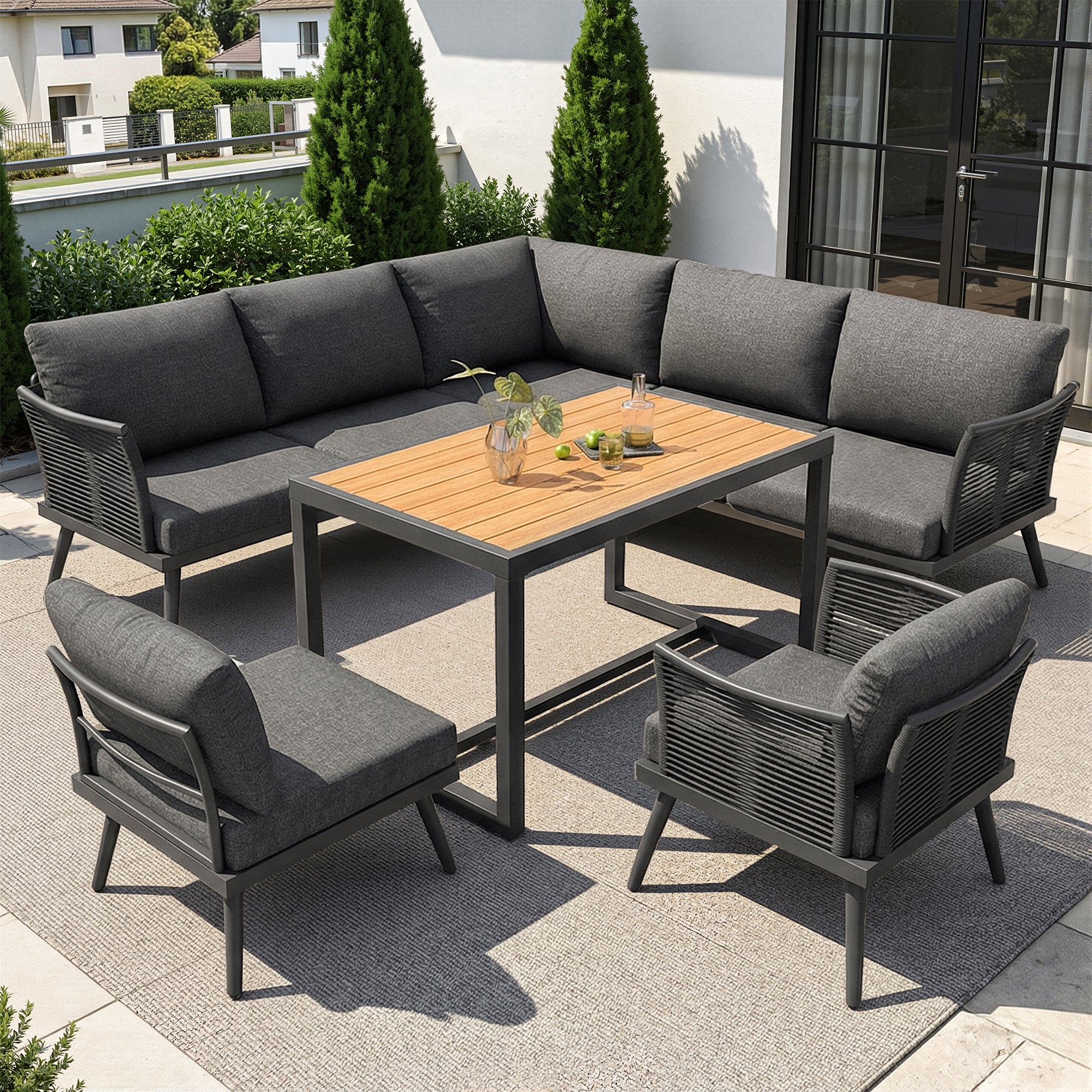 Ensemble de canapé de jardin 7 places,Canapé d'angle extérieur en forme de L avec coussin,main courante tressée,Ensemble de jardin imperméable,Gris - 2