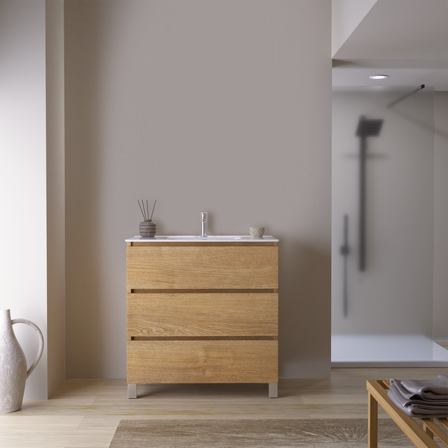 Mobile Bagno JAGUAR 80 cm Effetto Legno, 3 Cassetti, Lavabo in Ceramica, Piedini Neri – Feel Your Bath - Installazione Facile