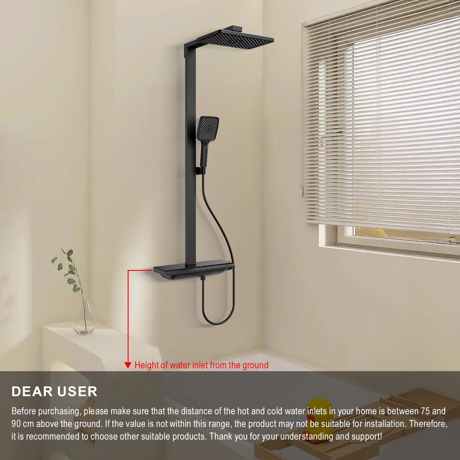Colonne de Douche Thermostatique 40°C Noir, Kit de Douche 3 Fonctions avec Sortie Cascade, Étagère de Rangement 40 cm et Boutons Piano en Laiton - 6