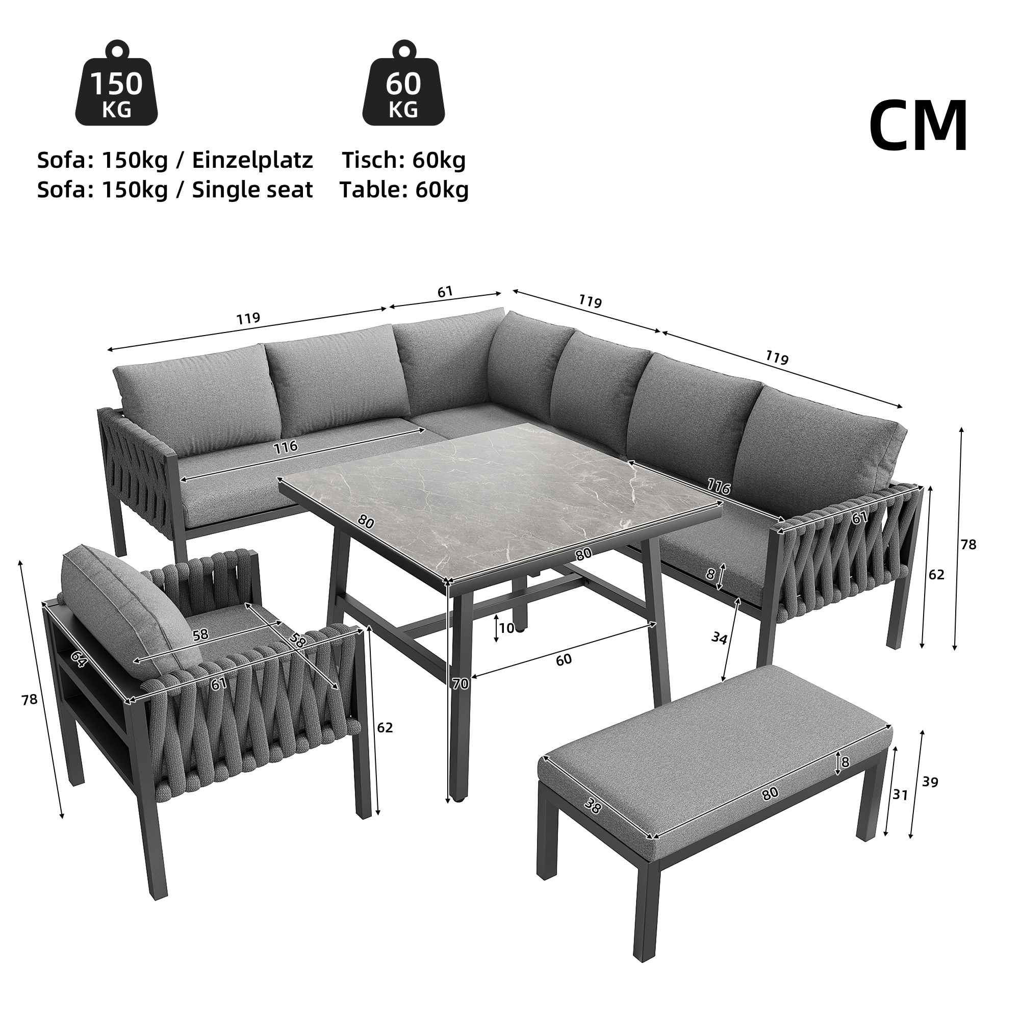Conjunto de muebles de jardín moderno con estructura de hierro galvanizado, patas ajustables, sofá esquinero, mesa con vidrio templado - 5