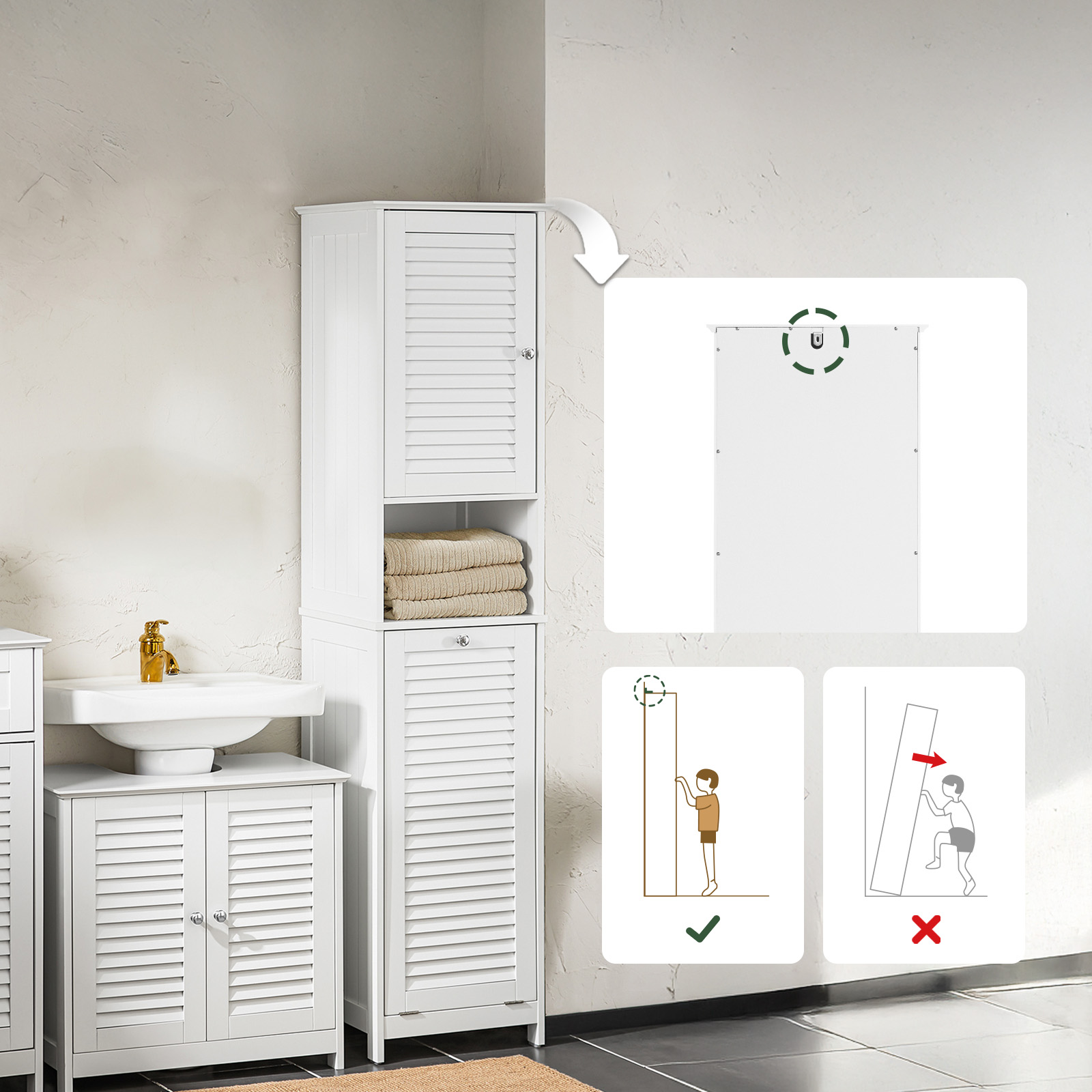 SoBuy Columna de Baño, Armario Alto con 1 Puerta de Persianas, 1 Cajón y 1 Cesto para Ropa Extraíble, Blanco, BZR124-W - 8