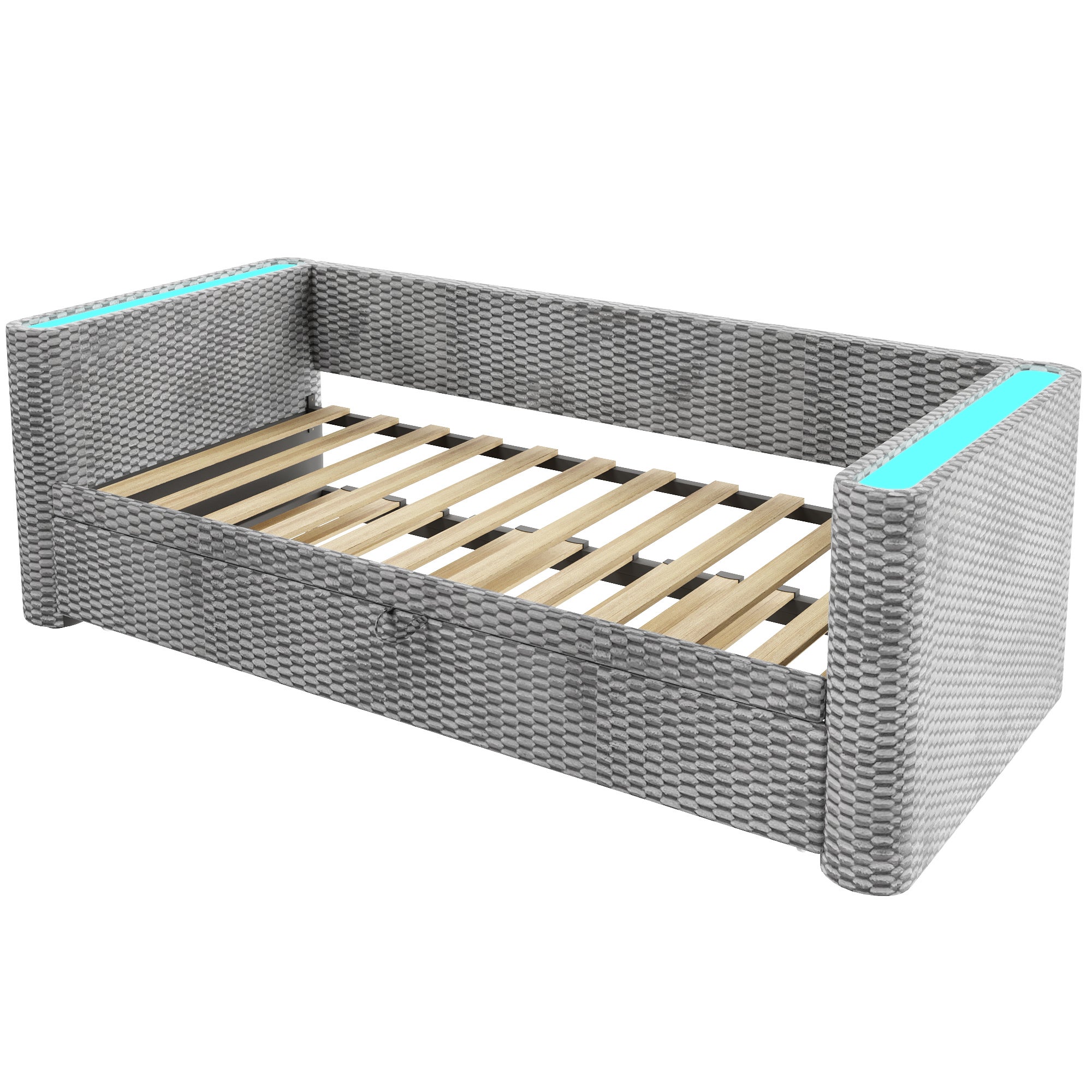 Rozkładana sofa 90/180x200cm - z wysuwane łóżko - z listwą LED - z stelażem lamelowym - welur - szary (materac nie jest wliczony w cenę) - 9