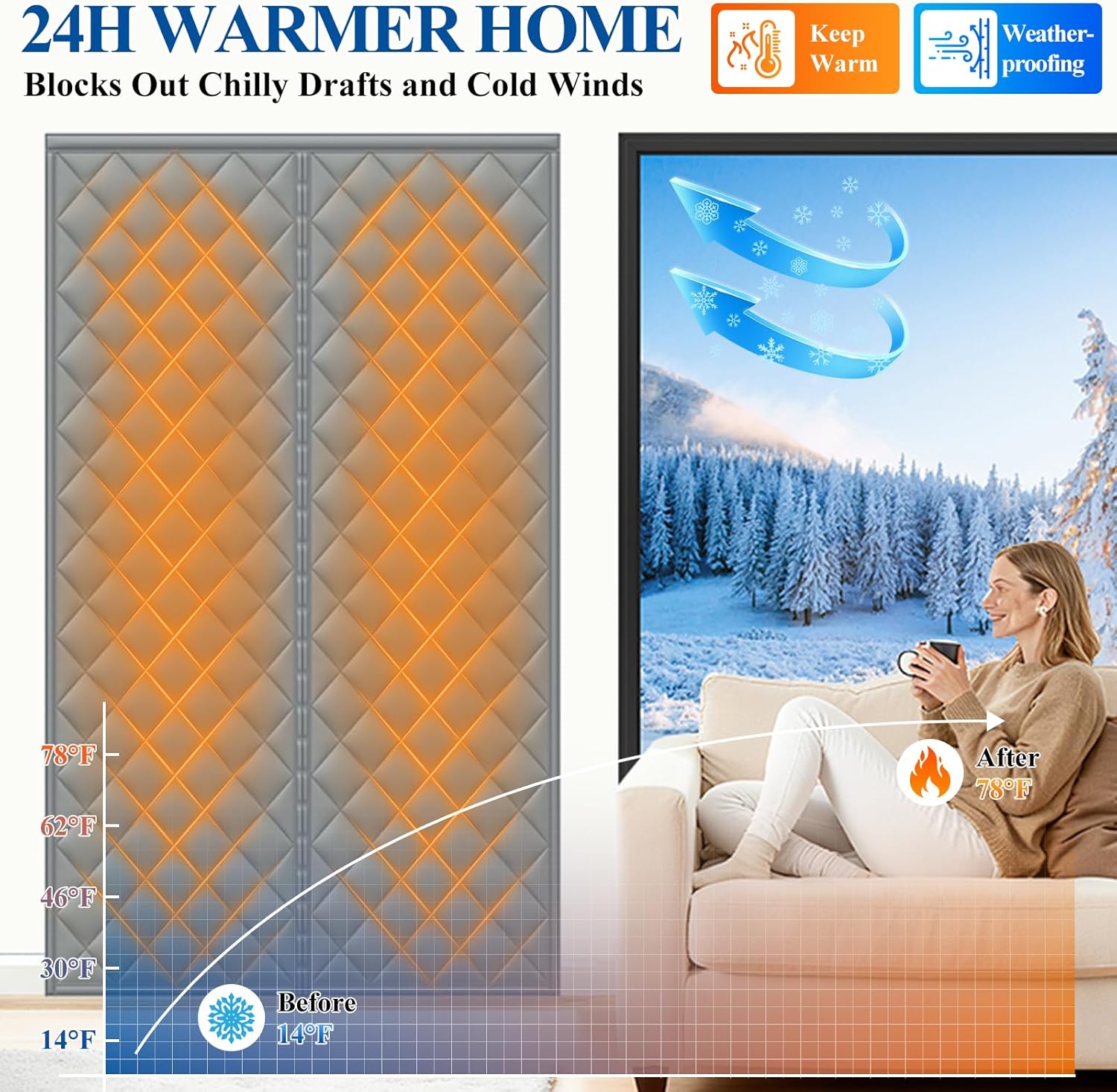 Rideau de porte magnétique avec isolation thermique, 95 x 210 cm, couverture isolante résistante aux intempéries pour portes d'entrée hivernales - 7