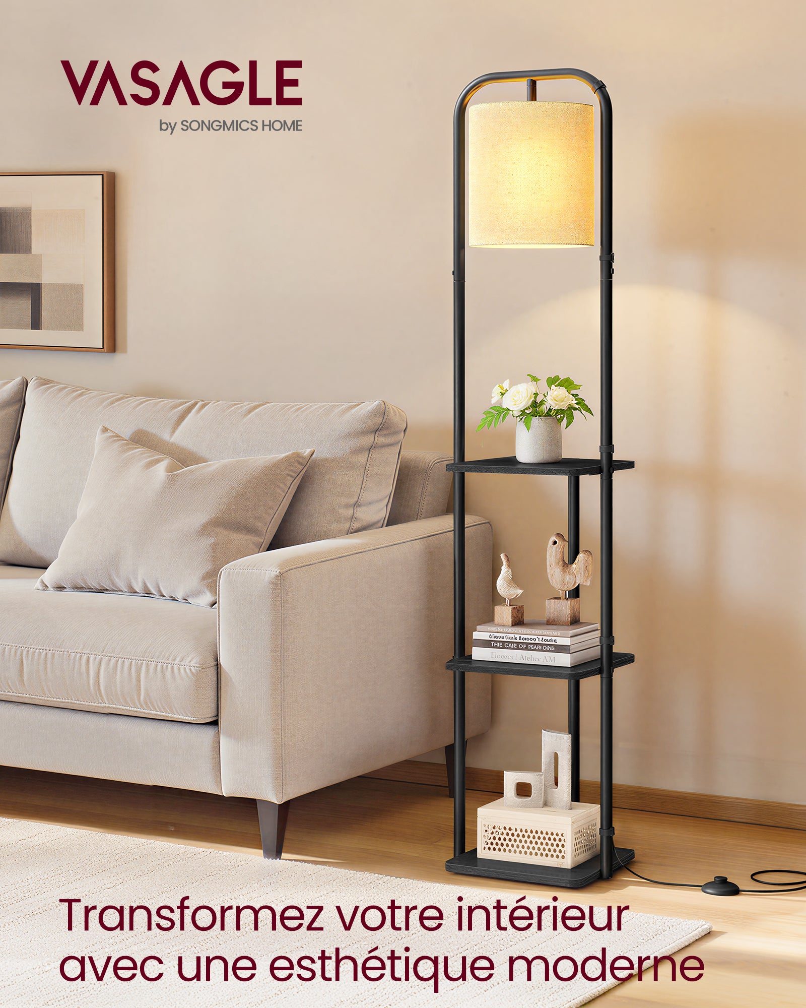 VASAGLE Lampadaire sur Pied, avec 3 Étagères, Lampe sur Pied, Ampoule LED Incluse, avec Interrupteur, Abat-Jour en Tissu, Noir d'Encre - 2