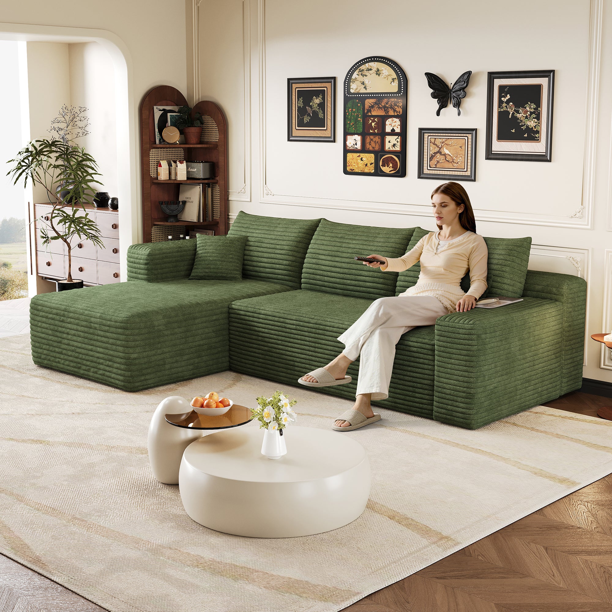 Canapé Modulaire compresse 241x151x58cm avec coussin, Canapé d'Angle Côté gauche Velours Côtelé avec méridienne, Assise Profonde,Canapé 3 Places Vert - 5
