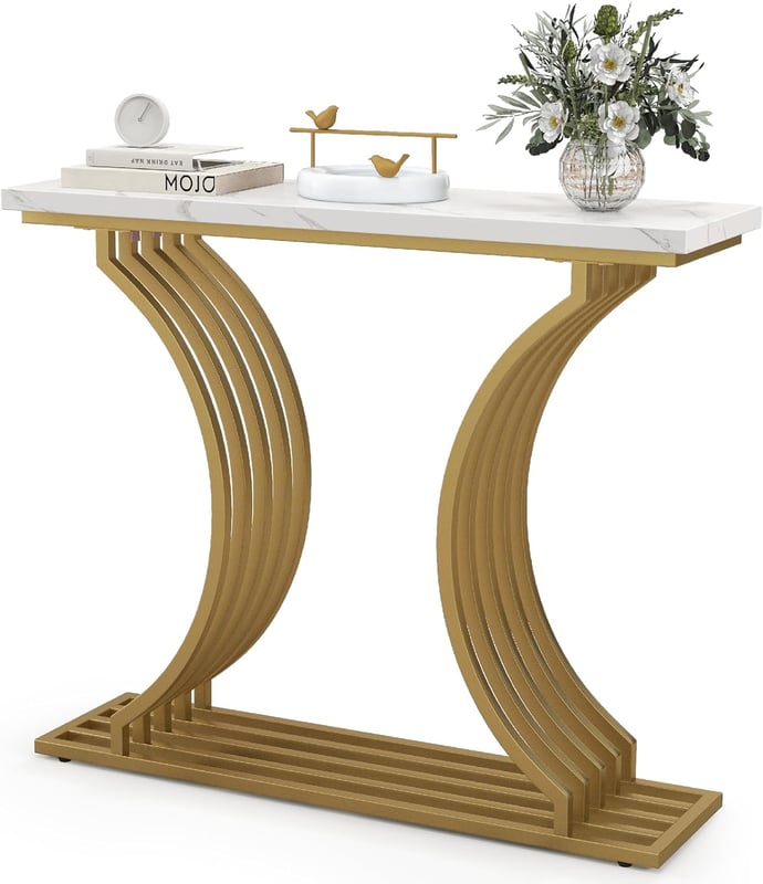 Stolik Wejściowy z Syntetycznego Marmuru o Długości 100 cm z Półką, Zestawami Zabezpieczającymi przed Przewróceniem, Regulowanymi Nóżkami