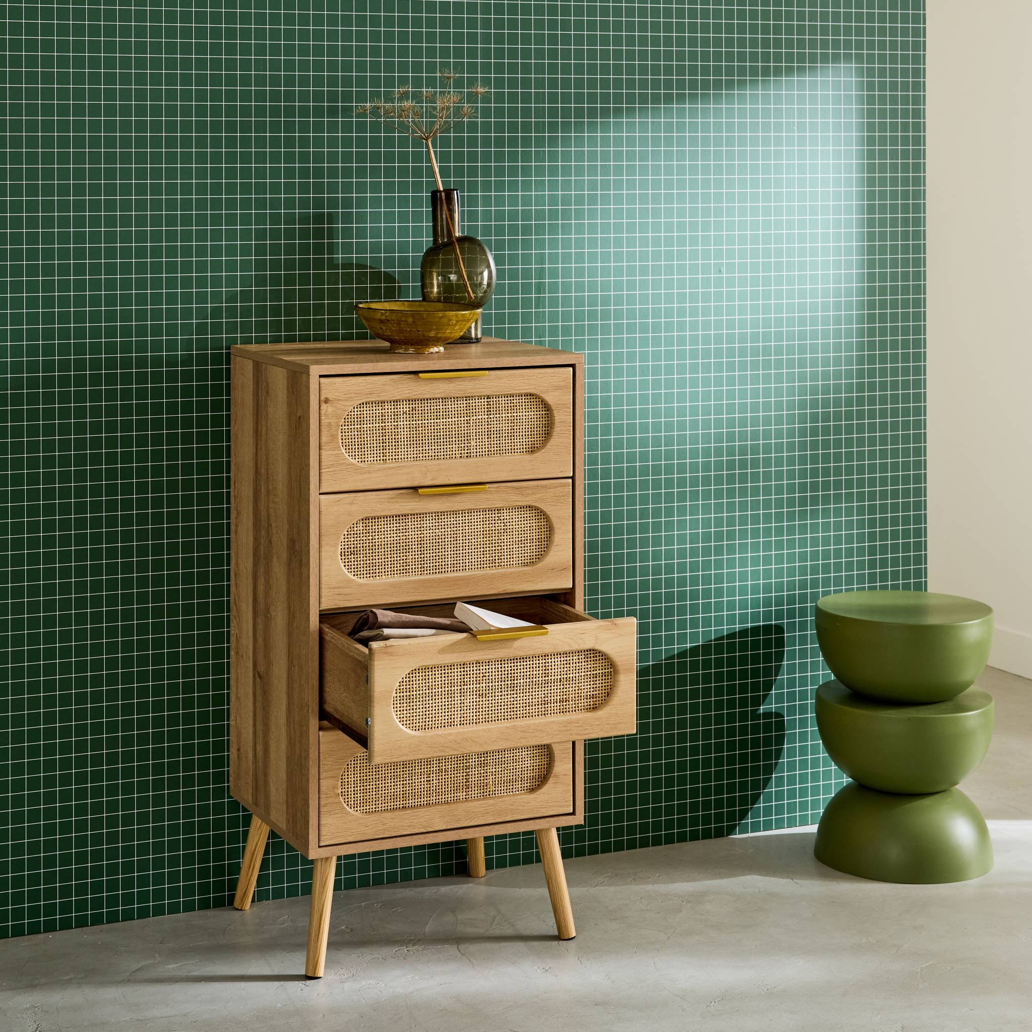 Commode chiffonnier effet bois et cannage 4 tiroirs naturel. poignée en métal doré - L 48 x P 39.5 x H 96 cm - Eva EVA - 4