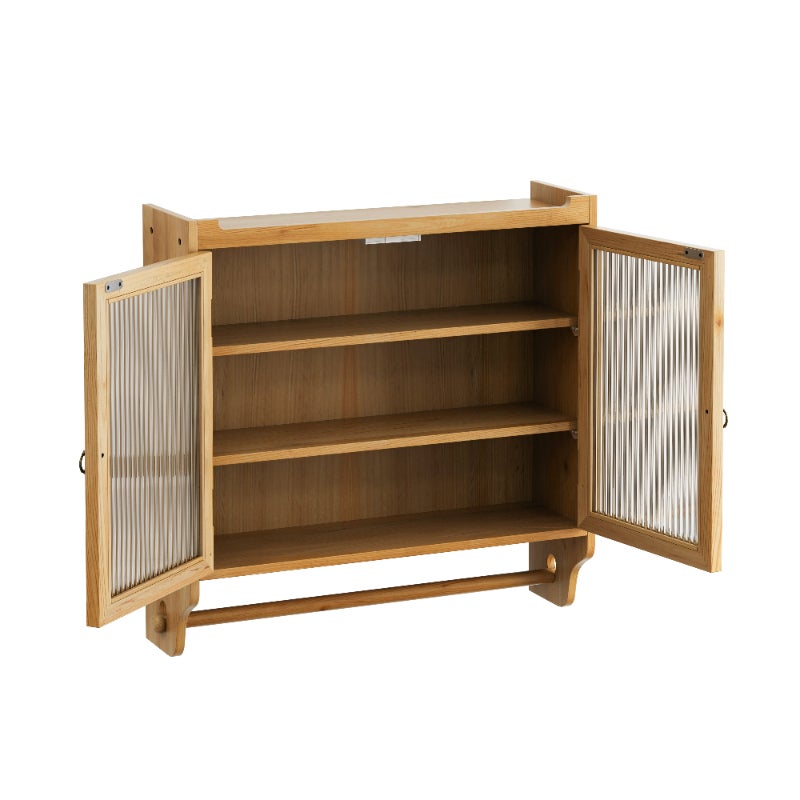 Armario empotrado vintage de madera con puertas acristaladas, 3 estantes y toallero, 63 cm, para baño, cocina y comedor - 8