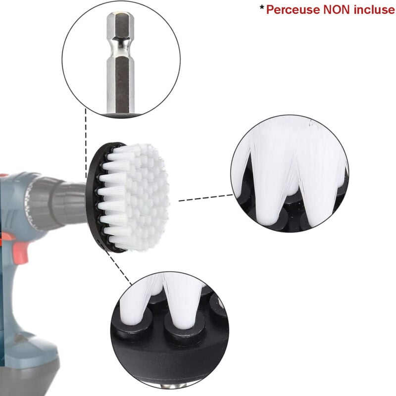 Brosse Nettoyage Perceuse 4 pièces, Brosse pour Perceuse Voiture Carrelage Tapis Baignoire Cuisine Toilettes Blanc - 5