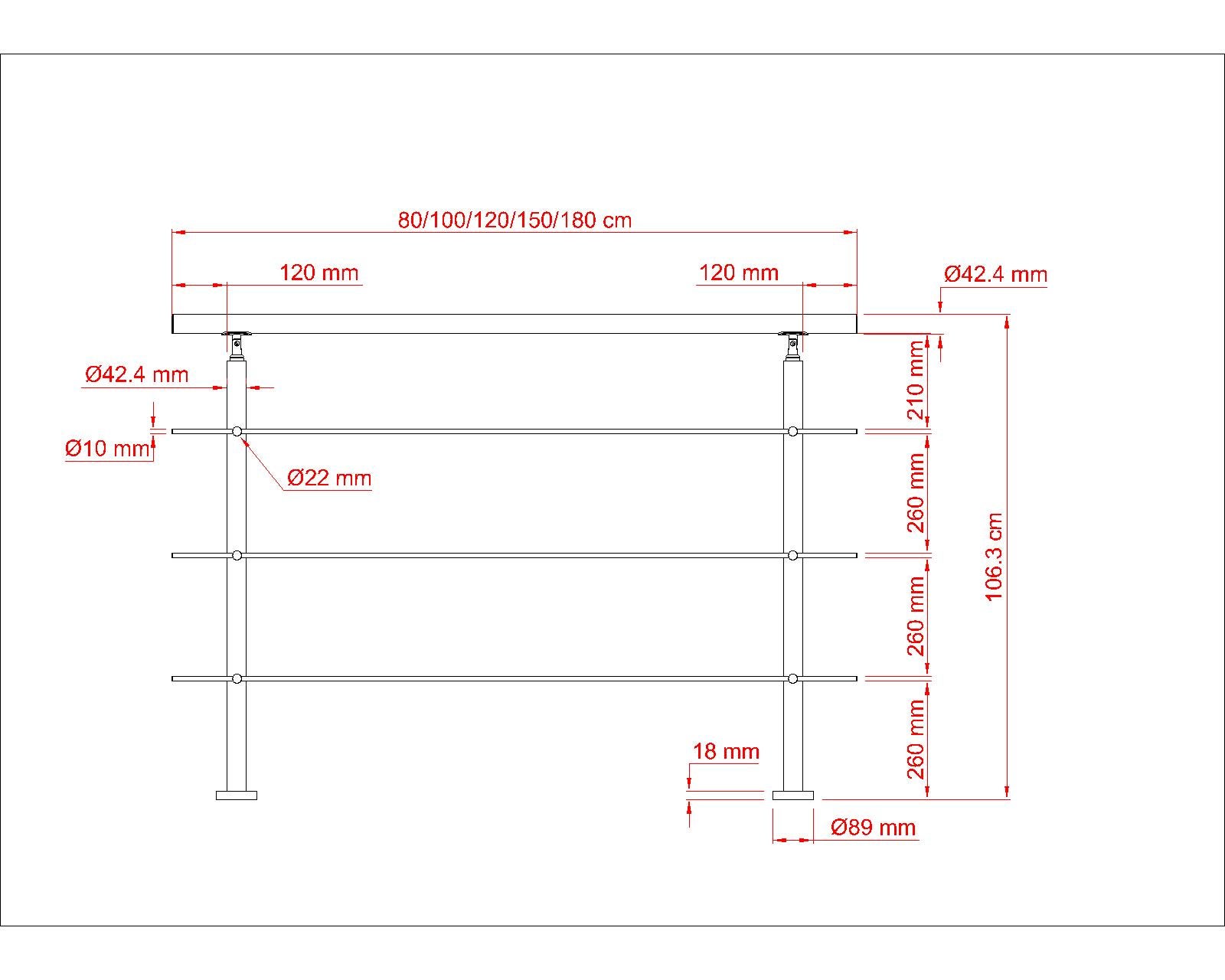 Garde-corps avec main courante, 100cm, en acier inoxydable 304, garde-corps avec 3 traverses, pour intérieur et extérieur - 6