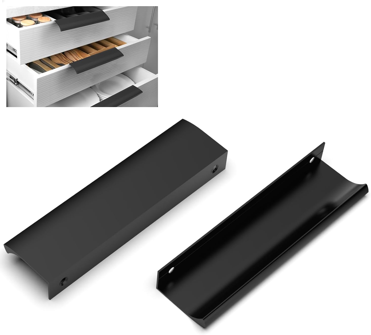 Zestaw 2 niewidocznych czarnych uchwytów do szafek kuchennych, matowoczarne uchwyty kuchenne ze stopu aluminium, rozstaw otworów 128 mm