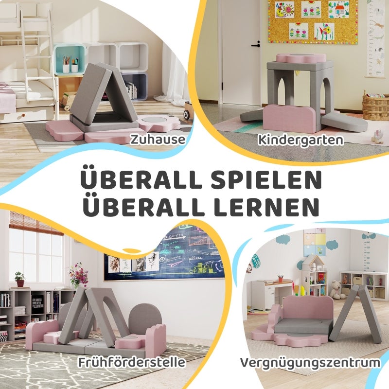 Conjunto 12 blocos de espuma infantil, escalar, construir e brincar, tapete interior com capa em bombazina, cinza e rosa - 7