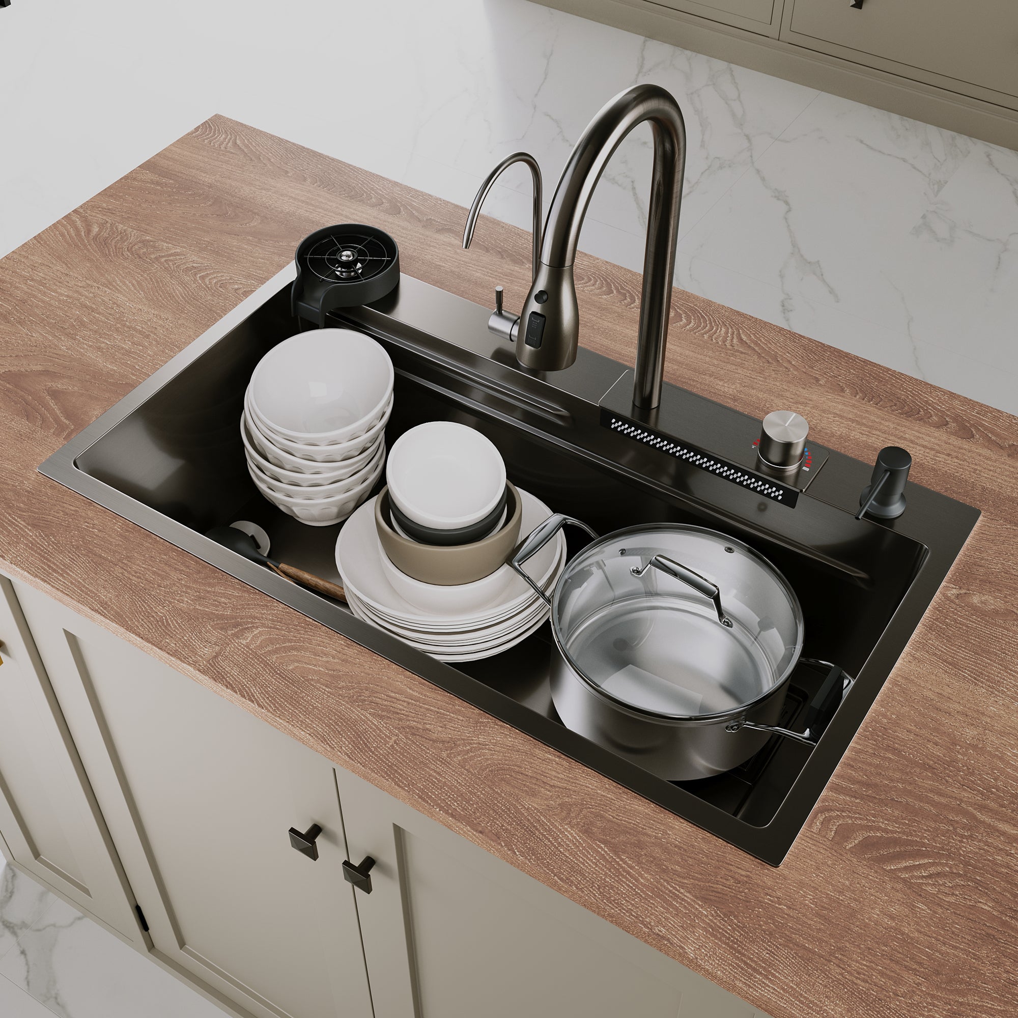 SIRHONA Évier de Cuisine Multifonctionnel Cascade 80x45 cm Robinet Extractible 3-en-1 Acier Inox 304 Anti-éclaboussures & Insonorisé - 2