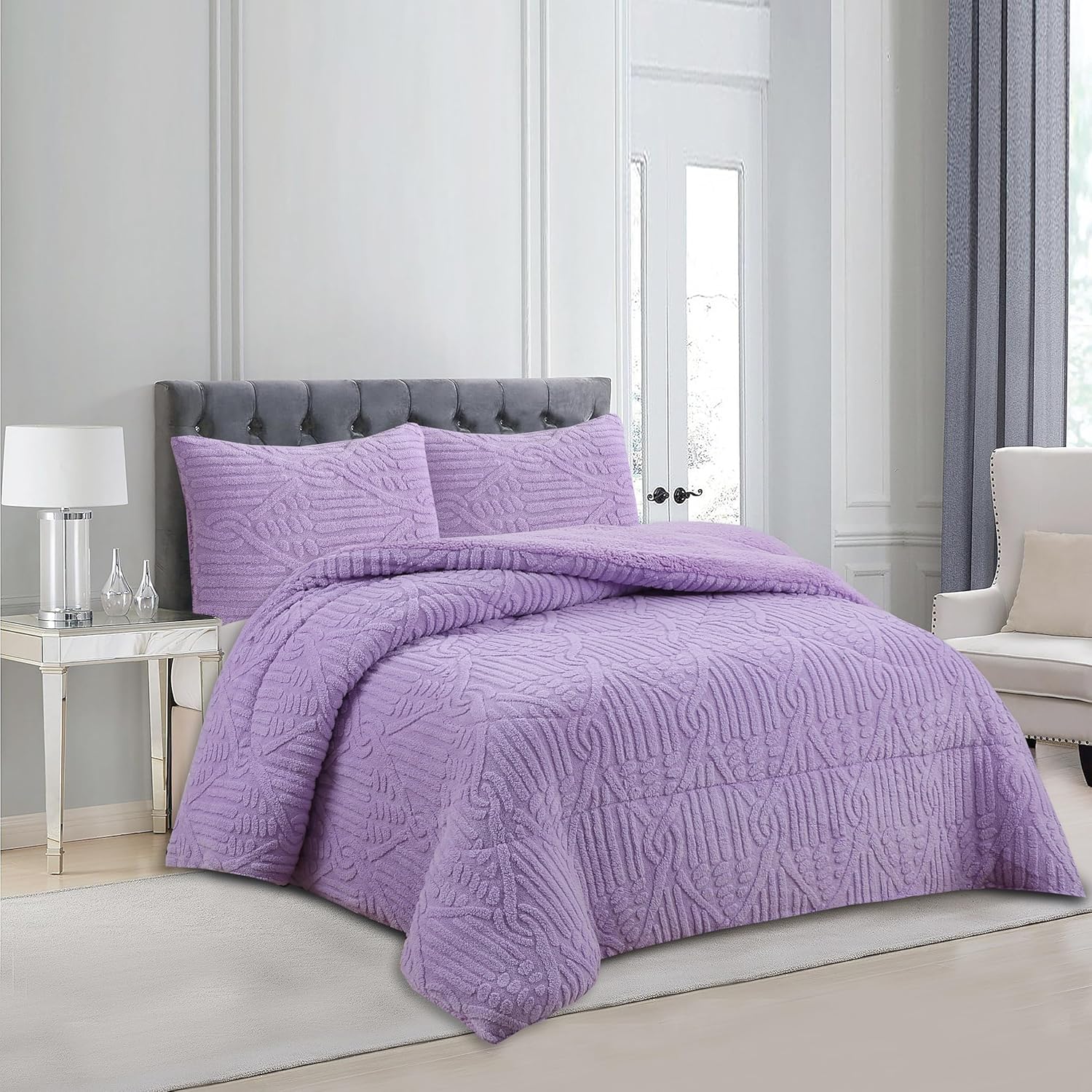 Haradeco manta sherpa para sofá cama con funda almohada, edredón borreguito terciopelo gruesa abriga(jacquard lila lavanda, 160x220cm)